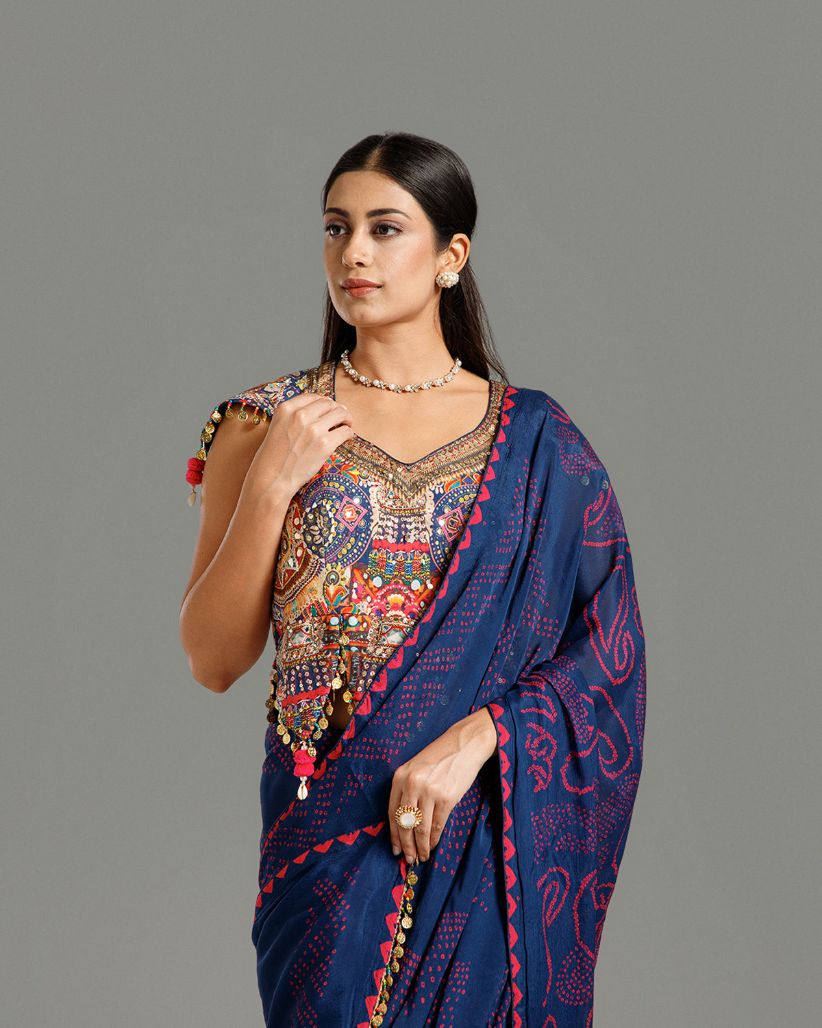 Blue Bandhej Print Chinon Crepe Saree
