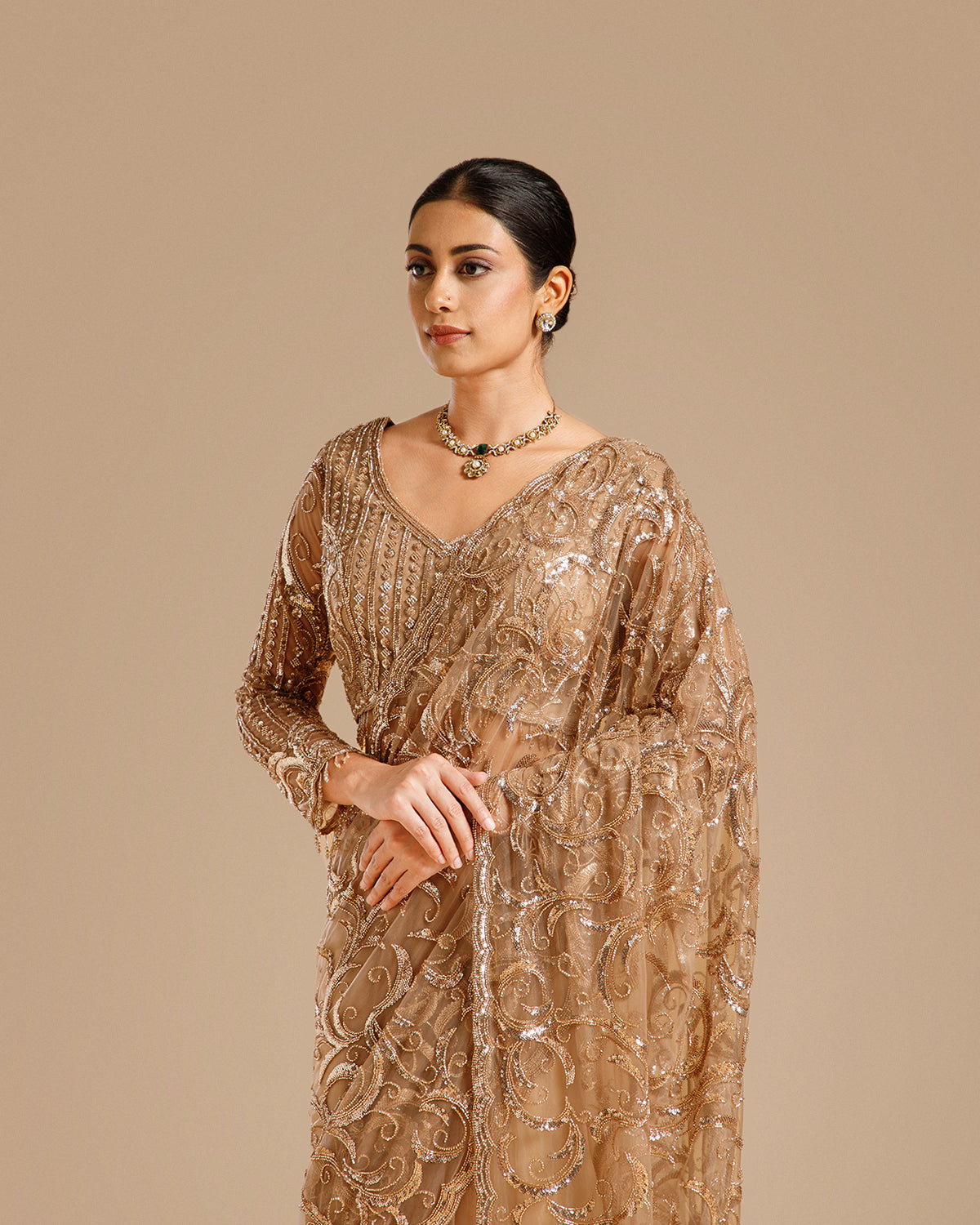 Beige Net Saree with Sequin & Cutdana Work