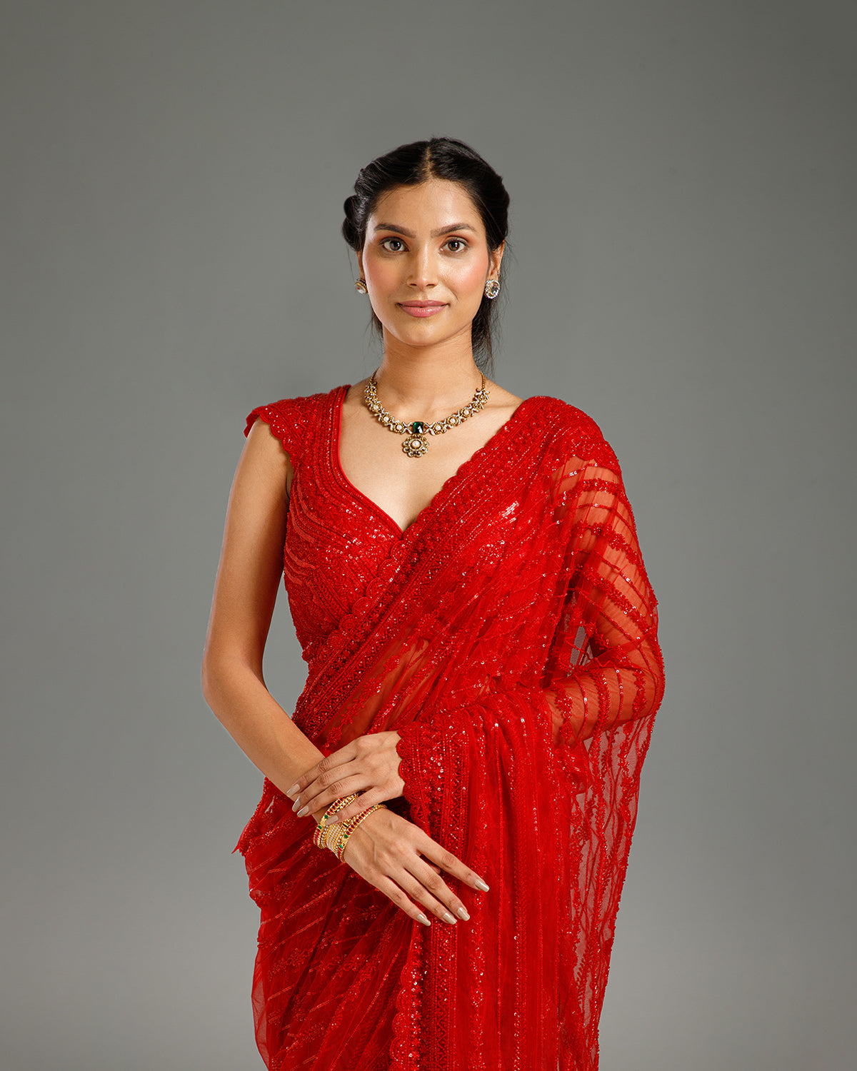 Red Net Saree with Beads & Sequin Work