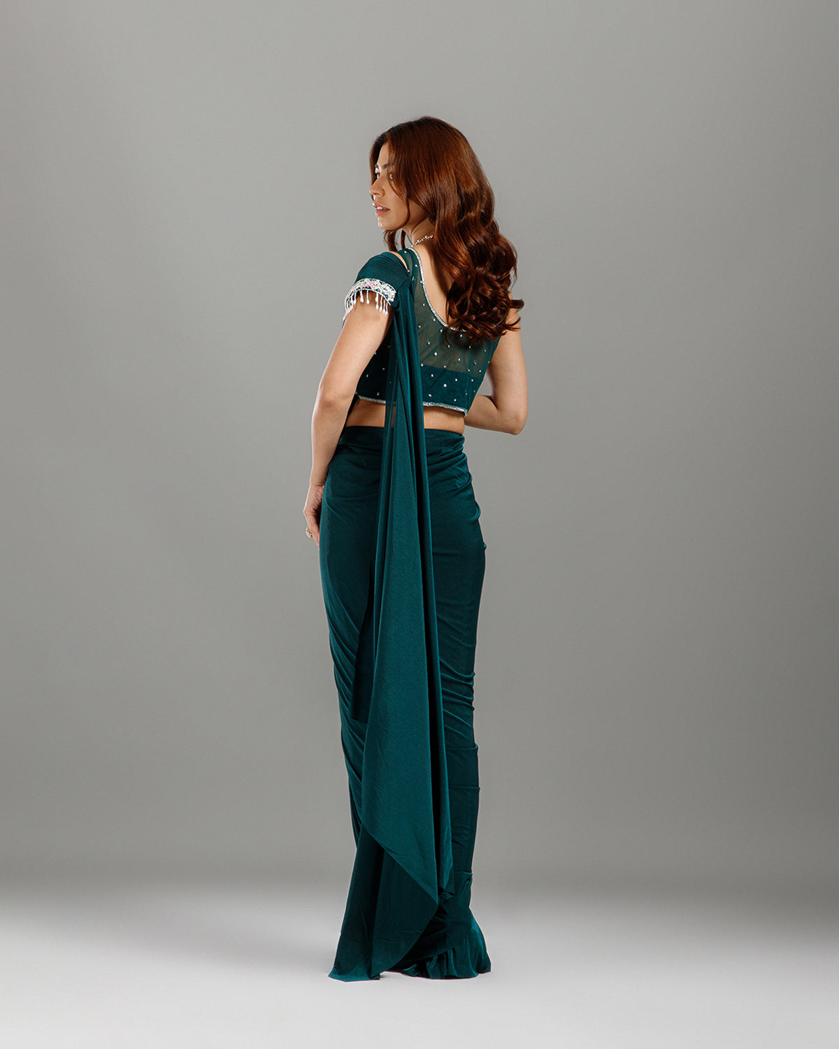 Green Lycra Drape Saree with Hand Work