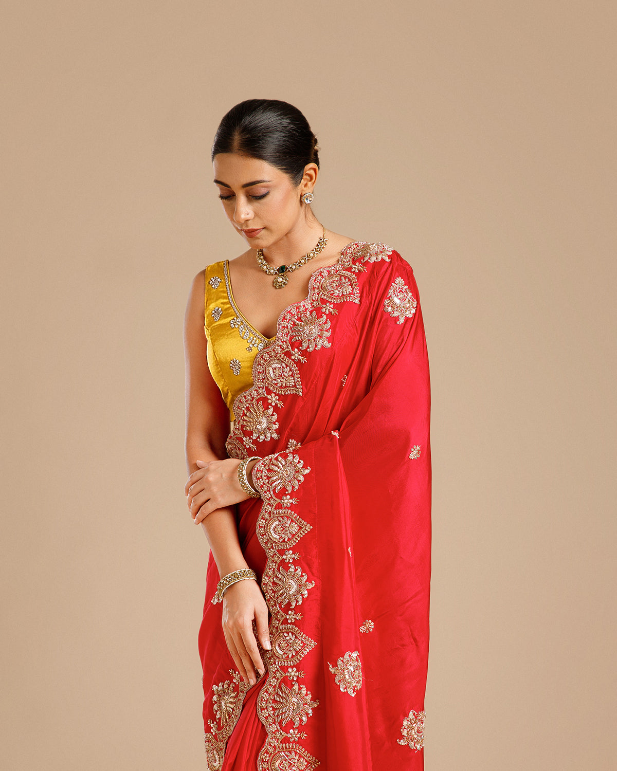 Rani Dola Silk Saree with Nulki, Sequin, Pearl & Dabka Work