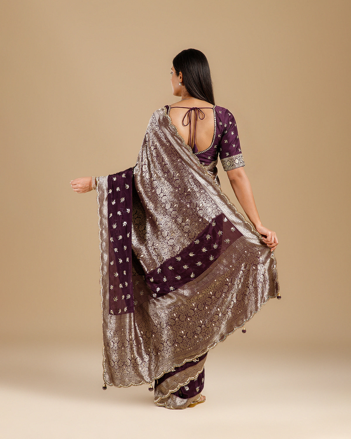 Purple Crepe Silk Saree with Mirror & Cutdana Work