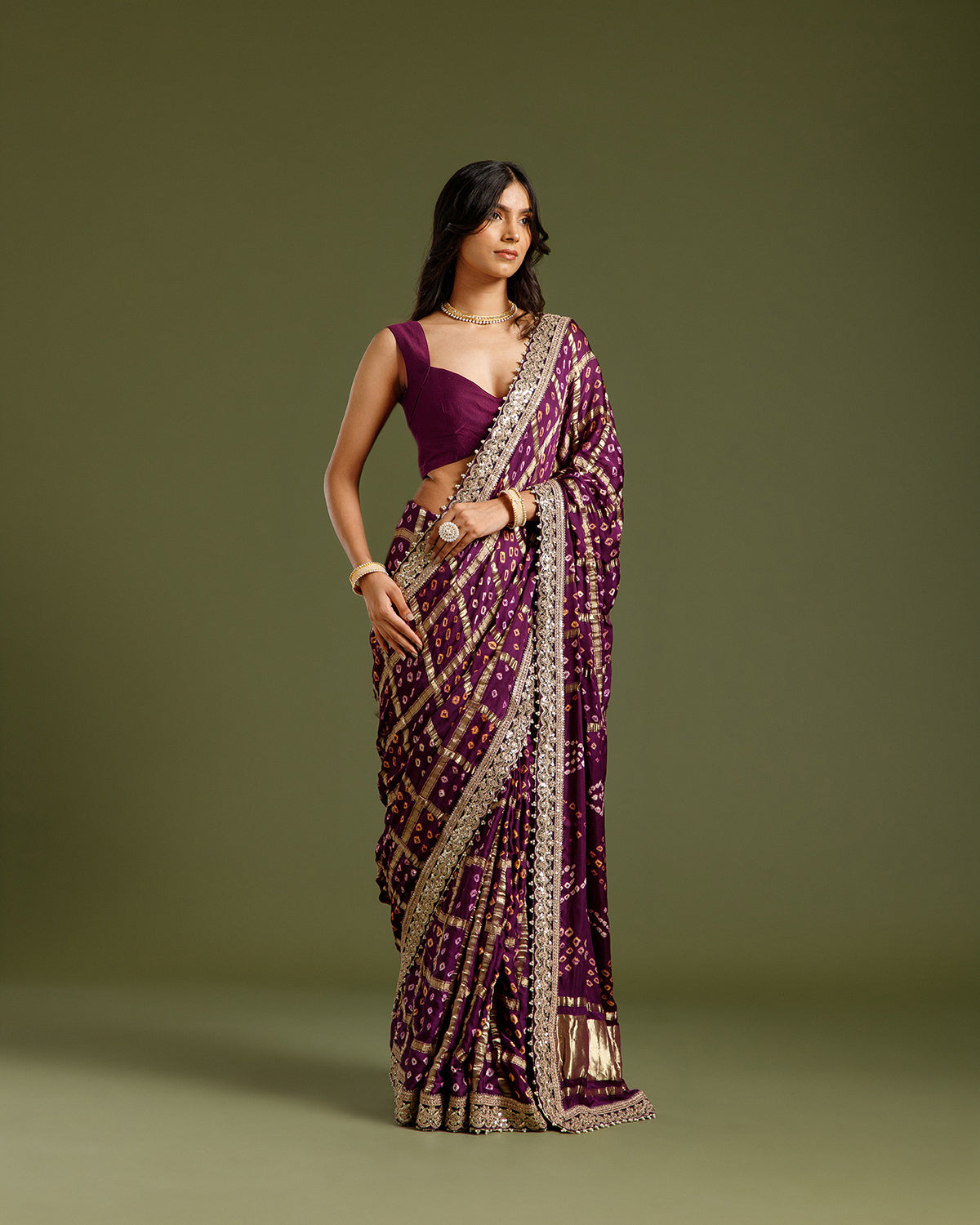 Purple Satin Crepe Saree with Zari & Sequin Work