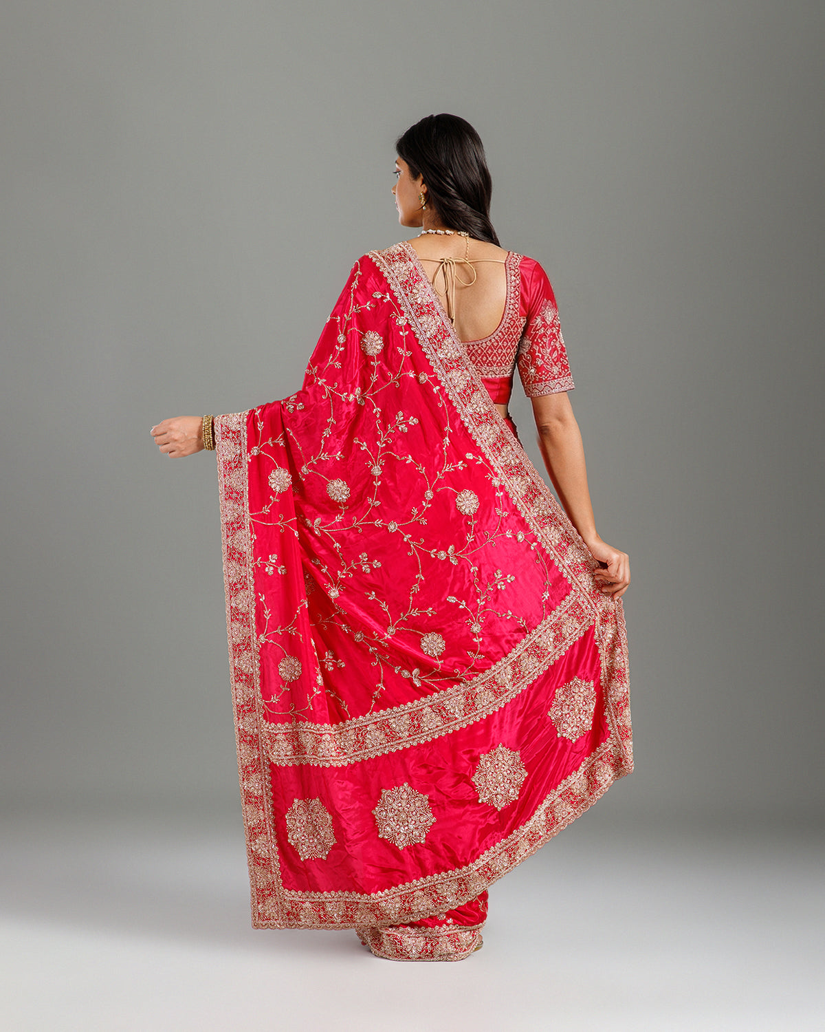 Rani Satin Crepe Saree with Beads, Sequence & Cutdana Work - House of Surya