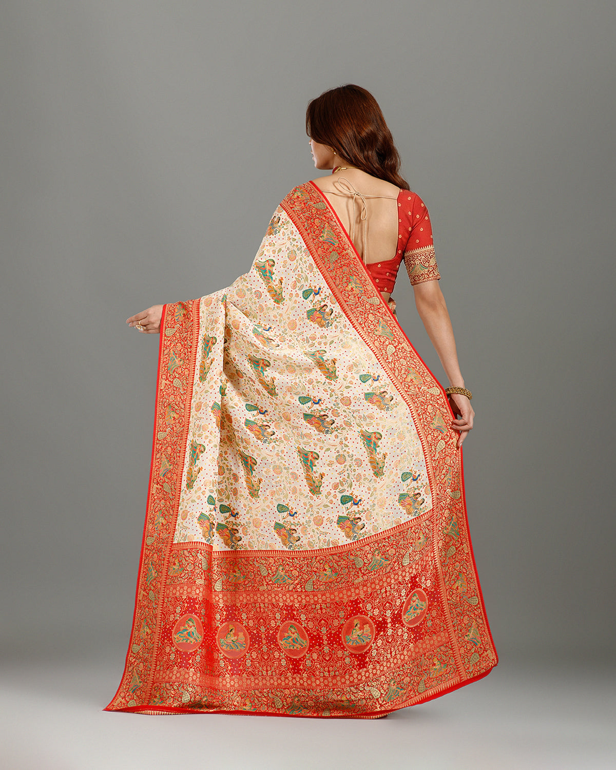 Off White Bhandej Khaddi Georgette Saree with Meenakari Weaving - House of Surya