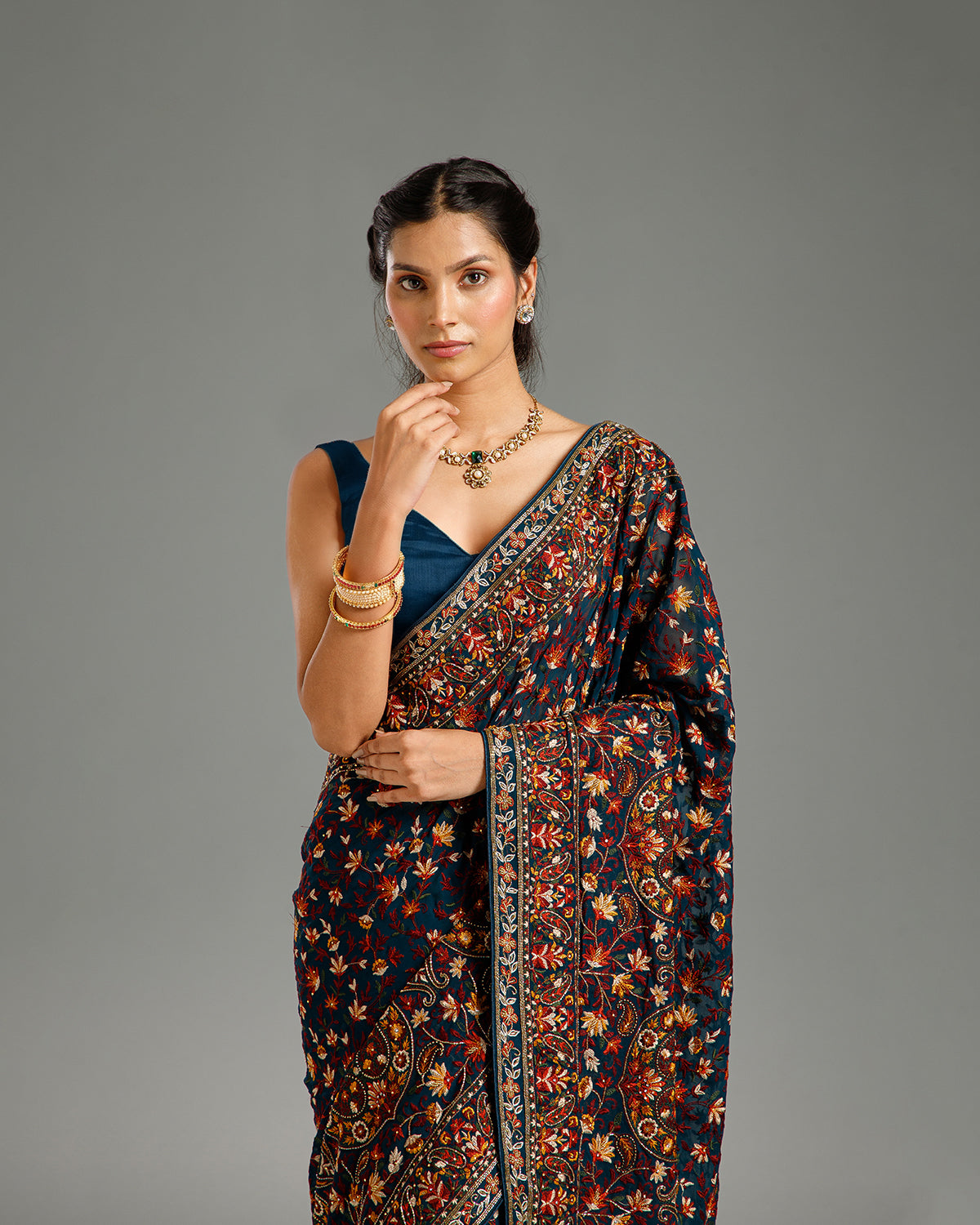 Peacock Green Georgette Saree with Beads, Nulki, Resham & Stone Work