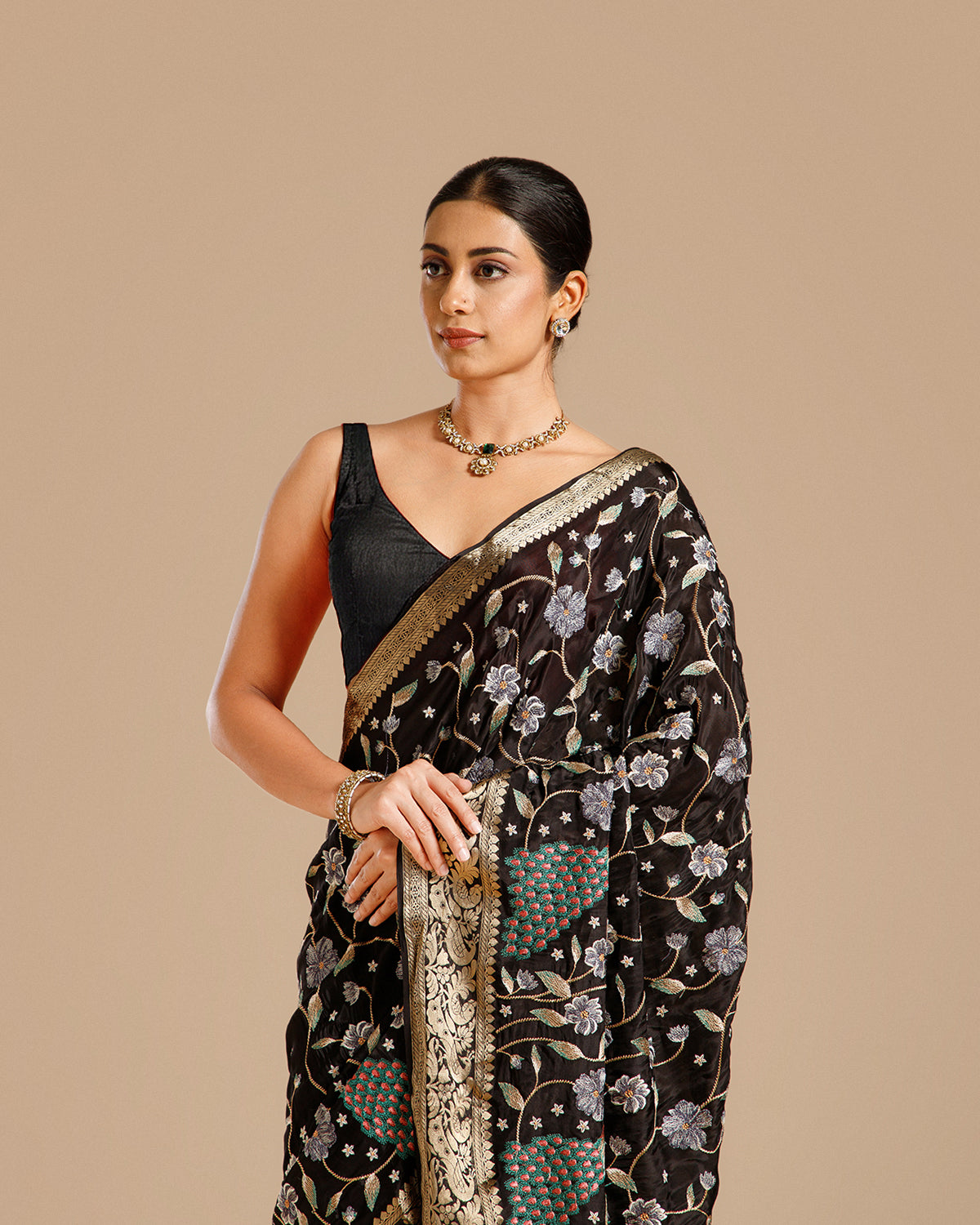 Black Chinon Crepe Saree with Resham Work
