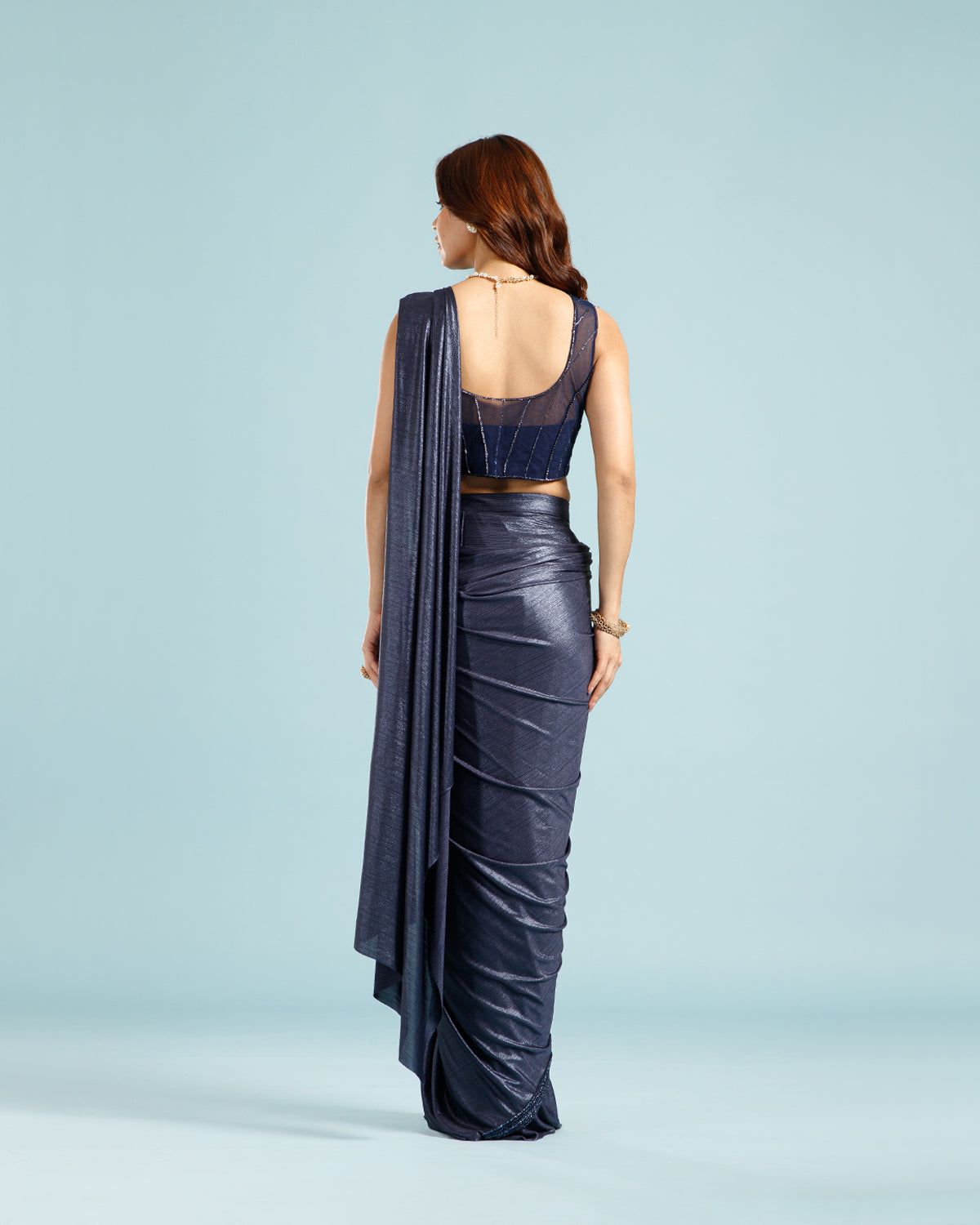 Navy Blue Lycra Drape Saree with Hand Work - House of Surya