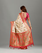 White Satin Silk Saree with Resham Meenakari Work - House of Surya