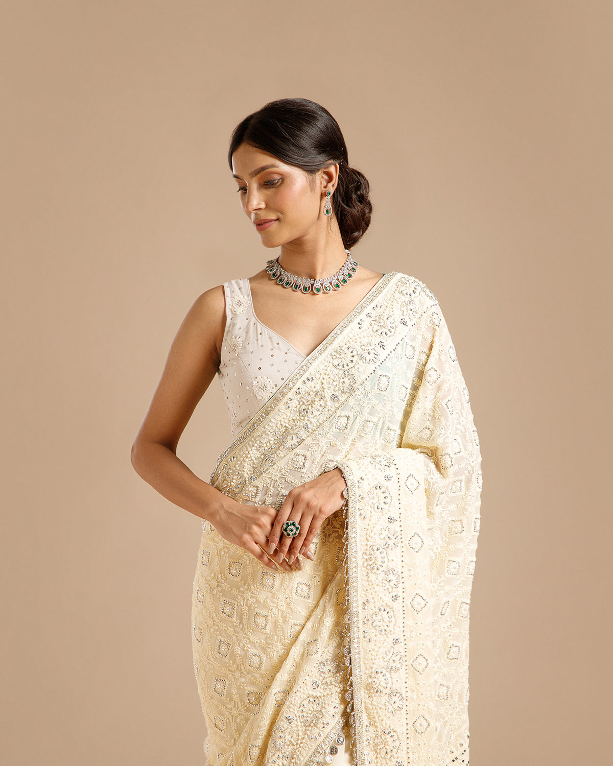 Ivory Georgette Saree with Nulki, Moti, Sequin, Coin & Resham Work - House of Surya