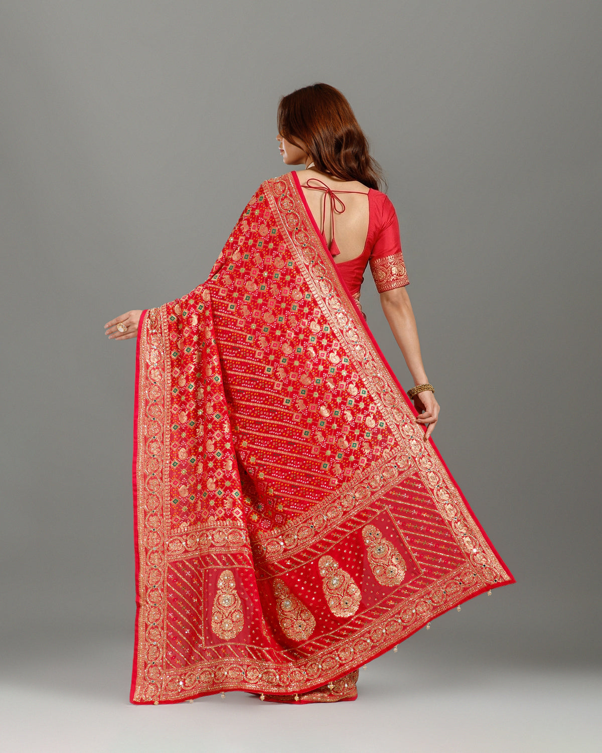 Luxury Rani Bandhej Saree with Sequence & Cutdana Work for Women - House of Surya