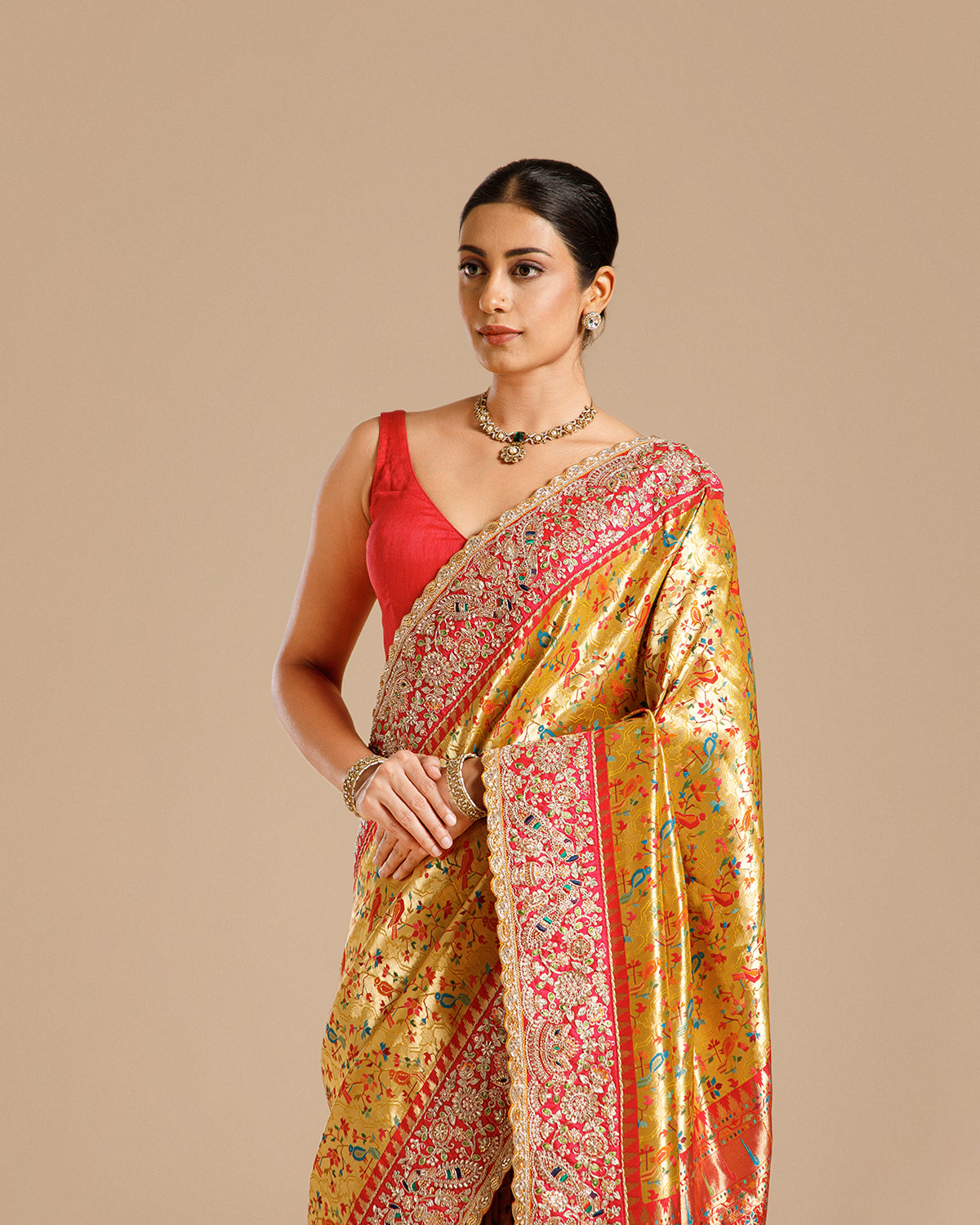 Mustard Gold Silk Saree with Resham, Pearl & Nulki Work
