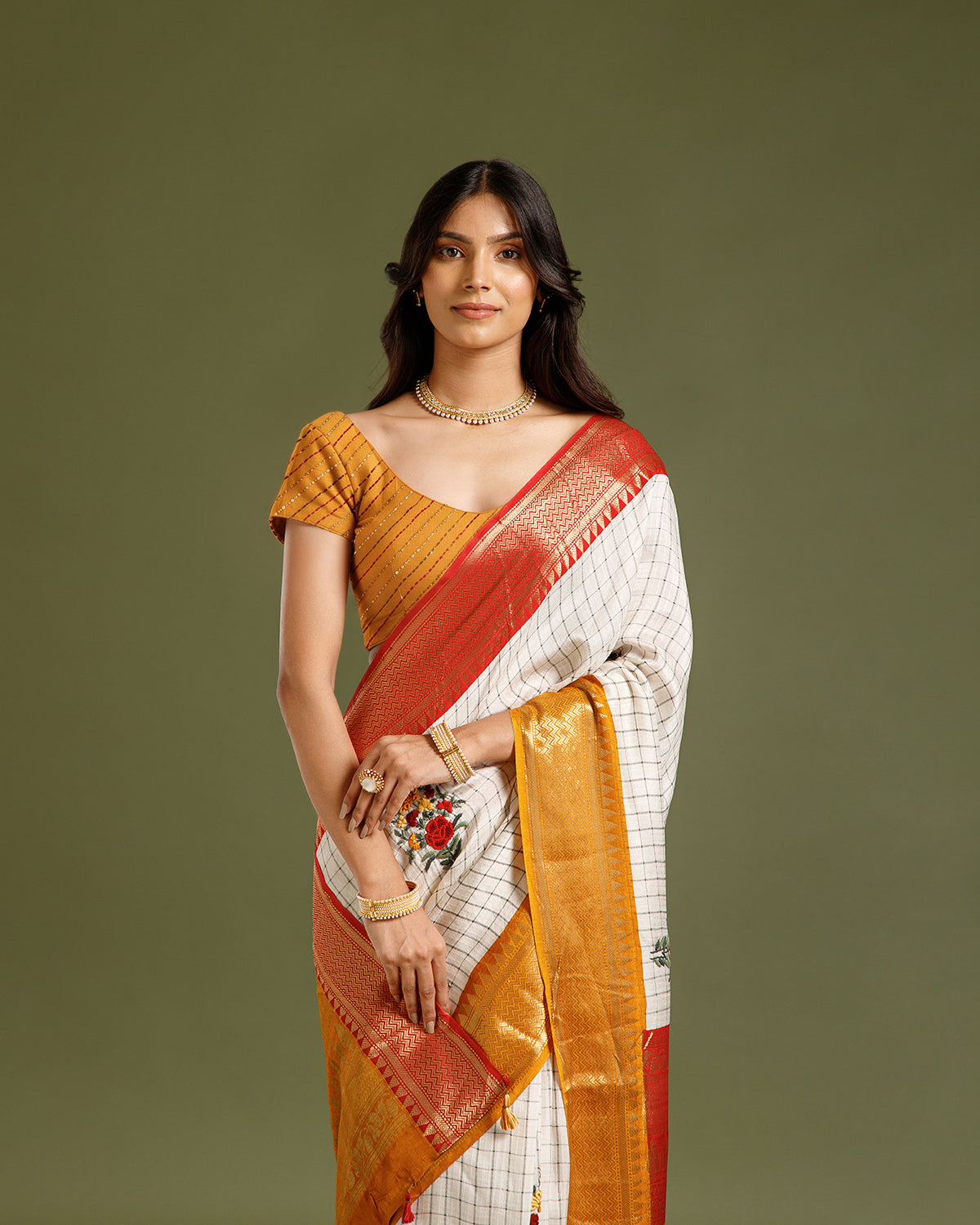 Off White Dola Silk Saree with Resham Work