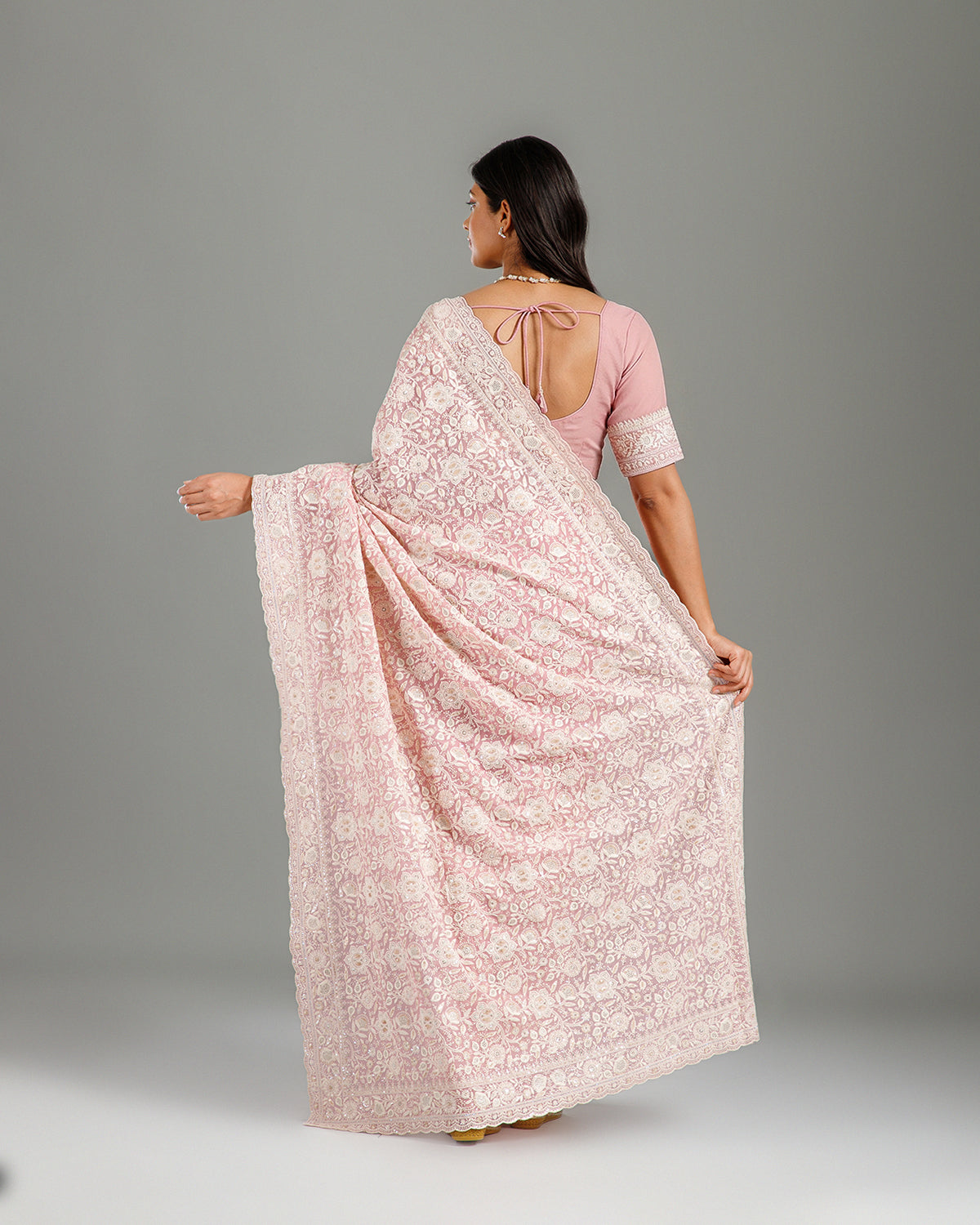 Pink Georgette Lucknowi Saree with Resham & Sequence Work
