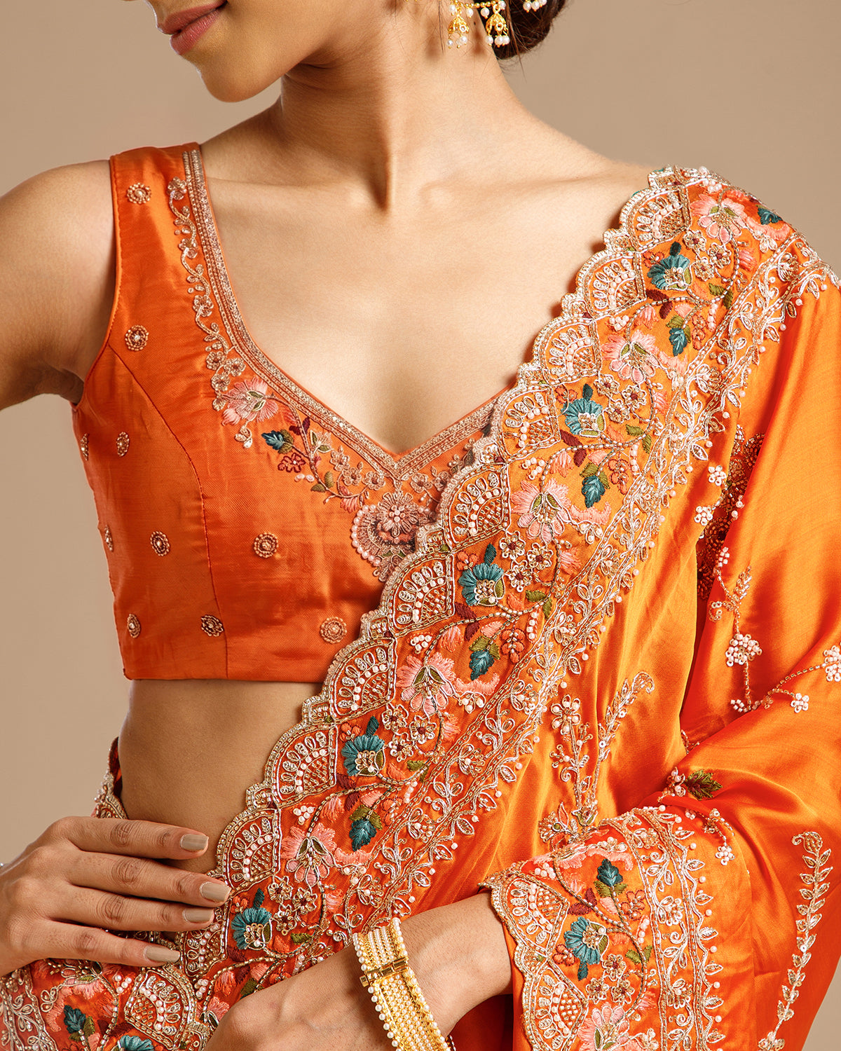 Orange Satin Organza Saree with Beads, Nulki, Sequin, Moti, Resham & Zari Work