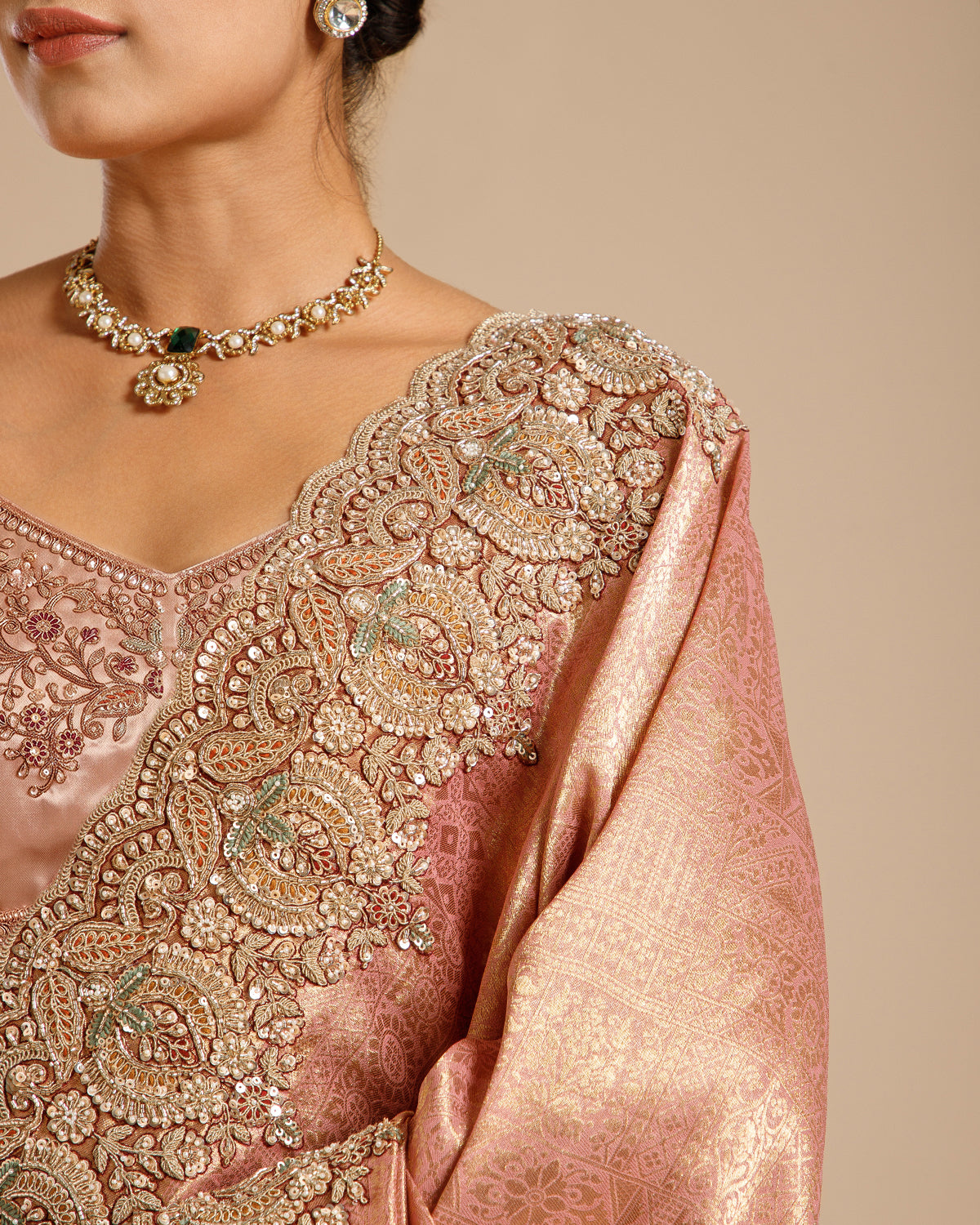 Onion Tissue Silk Saree with Nulki, Sequin, Pearl & Resham Work