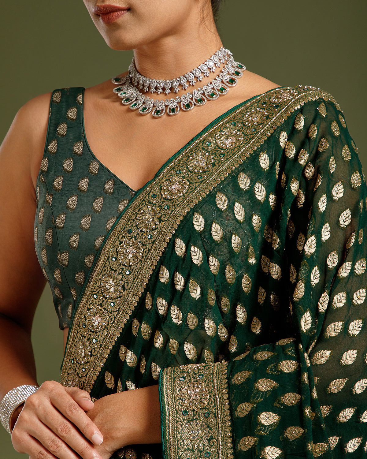 Bottle Green Georgette Saree with Dabka, Nulki, Mirror & Kundan Work