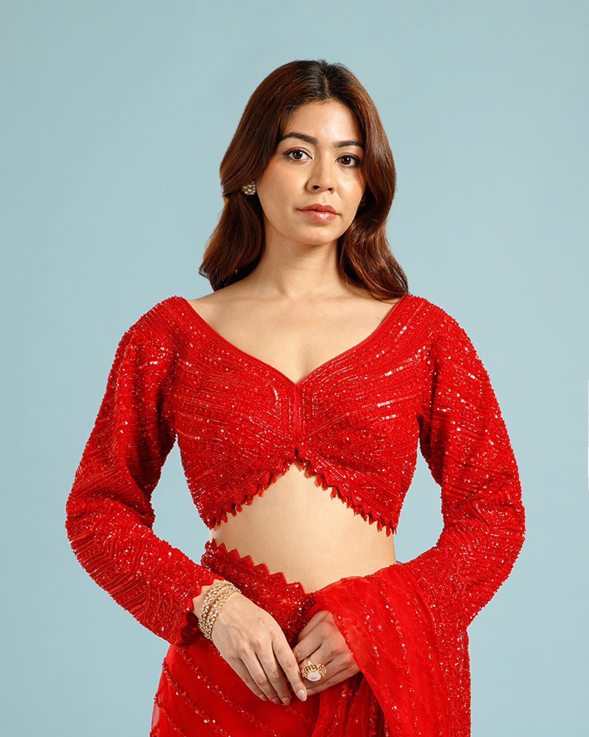 Designer Red Net Saree with Sequence, Bead & Cutdana (Nulki) Work