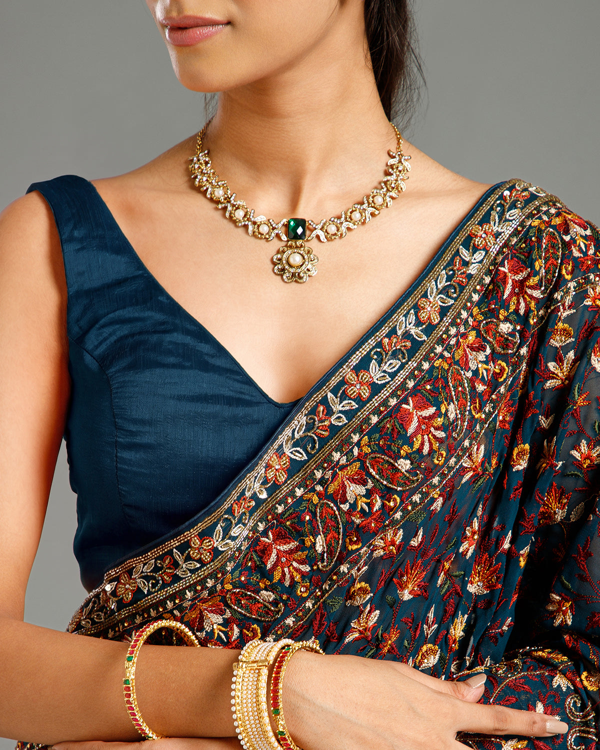Peacock Green Georgette Saree with Beads, Nulki, Resham & Stone Work