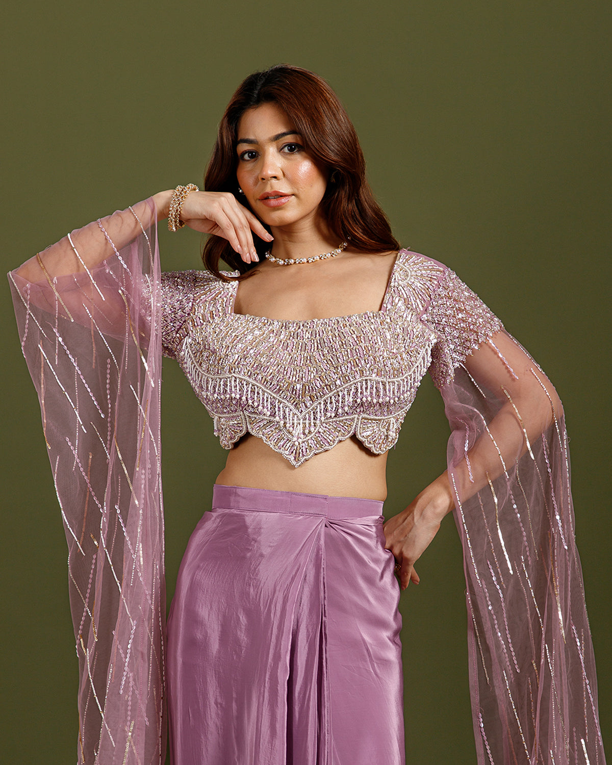 Mauve Crepe Drape Saree with Hand Work