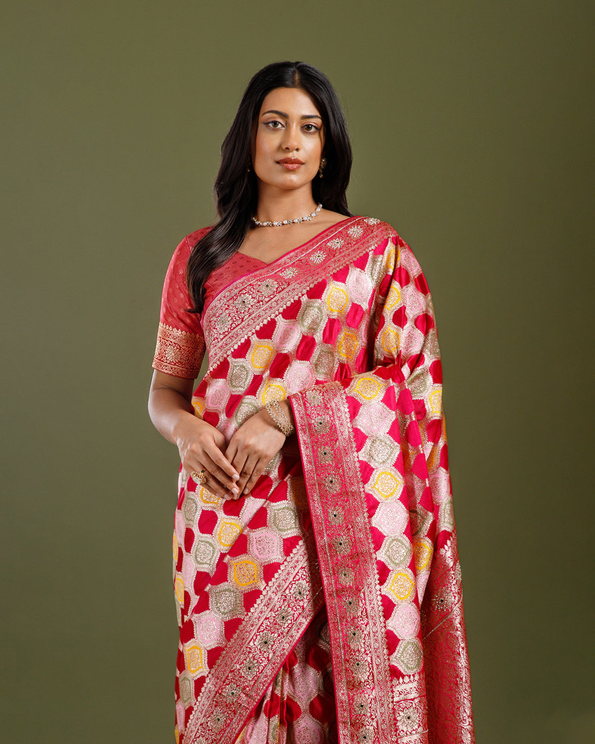 Rani Crepe Silk Saree with Vibrant Multicolor Weave