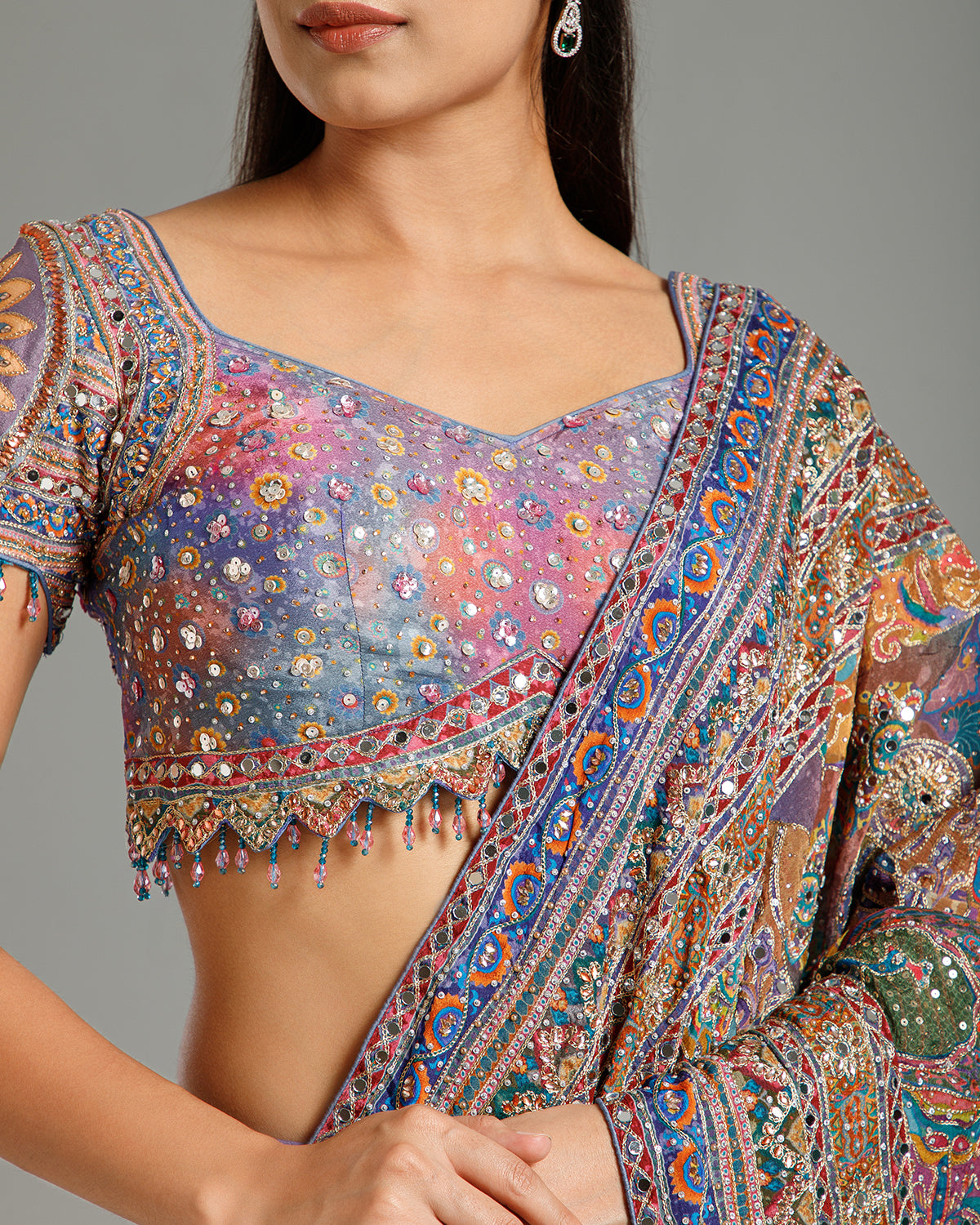 Multi Blue Chinon Crepe Saree
