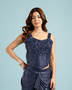 Navy Blue Crepe Drape Saree with Hand Work - House of Surya