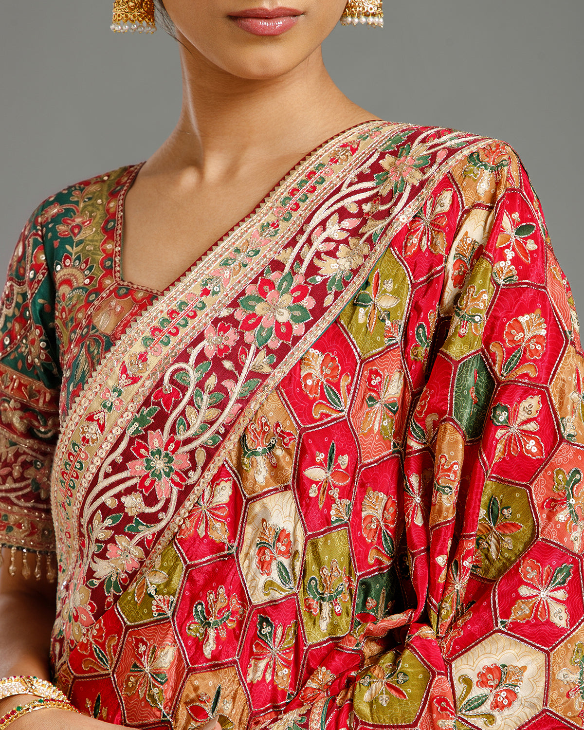 Multi Green Crape Silk Saree with Zari & Sequin Work