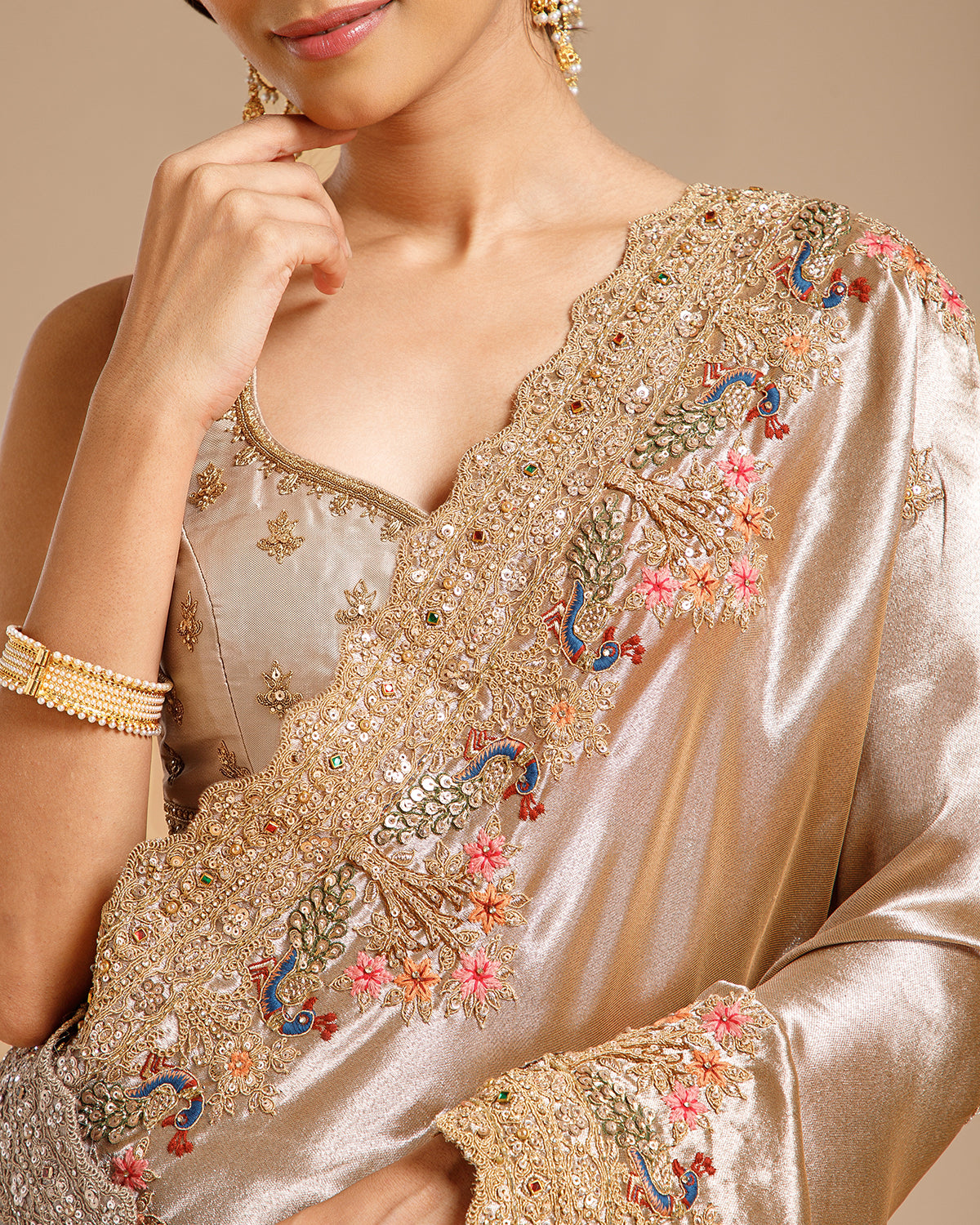 Mouse Color Tissue Silk Saree with Dori, Sequin, Nulki, Resham & Kundan Work