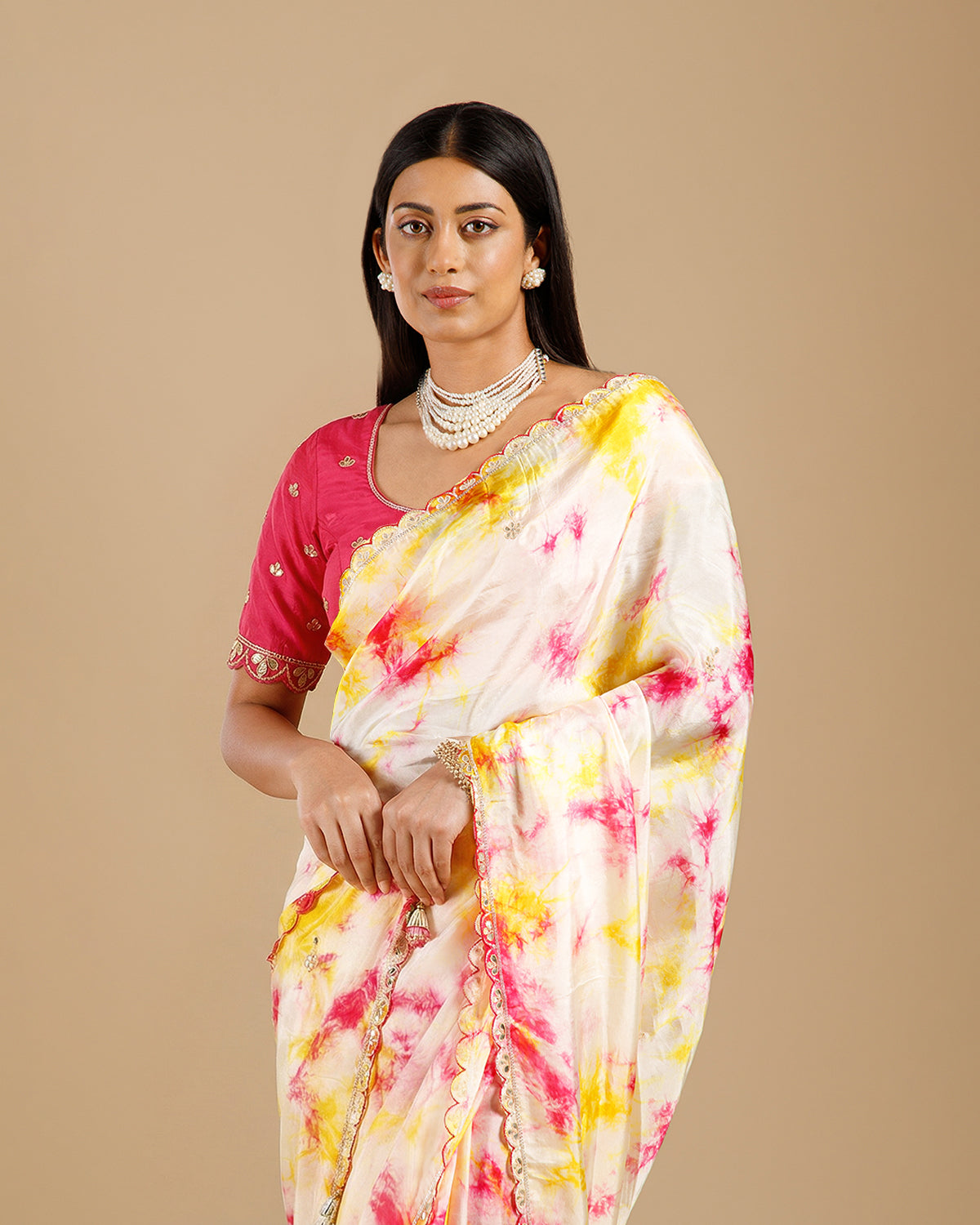 Pink Tie & Dye Silk Saree with Patra, Sequence & Bead Work - House of Surya