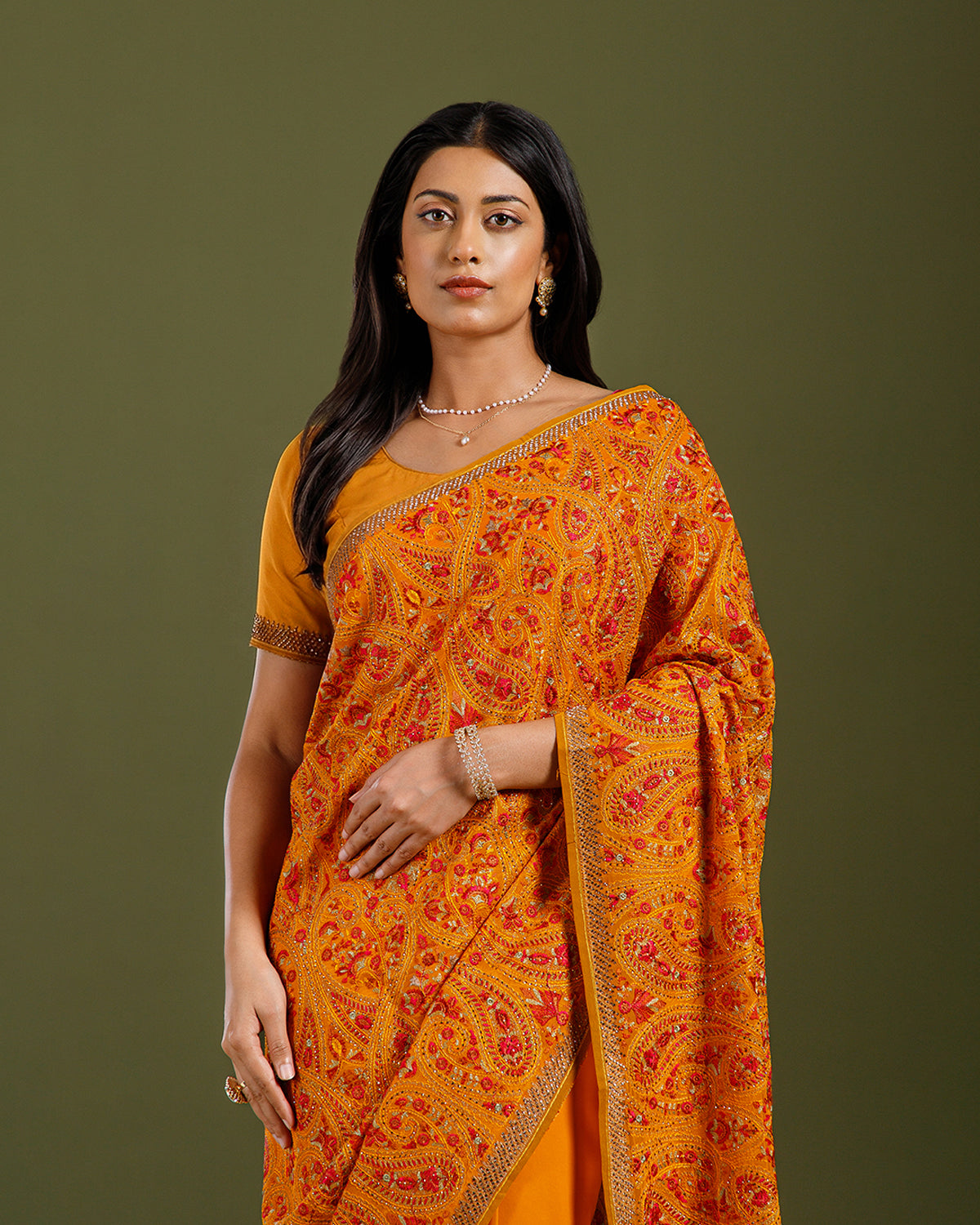 Yellow Georgette Saree with Kashmiri & Cutdana Work - House of Surya