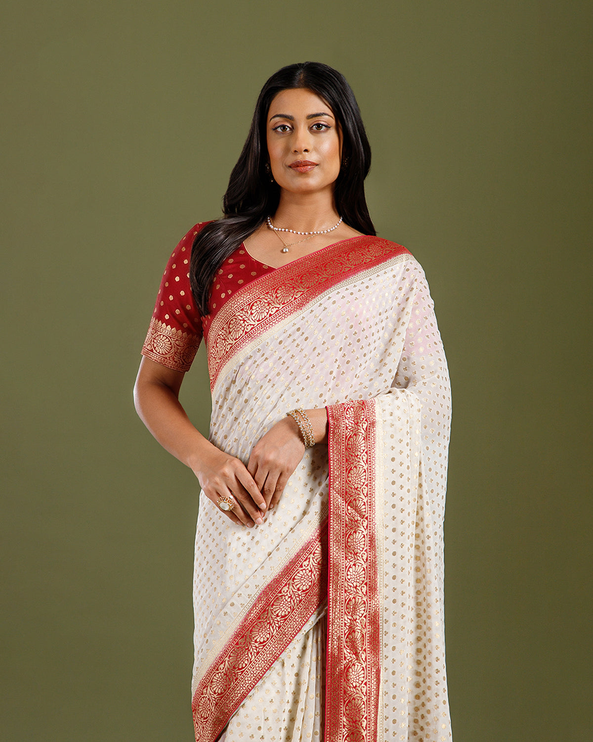 Elegant Ivory Saree in Georgette with Self Weaving Pattern - House of Surya