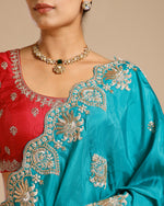 Firozi Dola Silk Saree with Nulki, Pearl, Sequin & Dabka Work