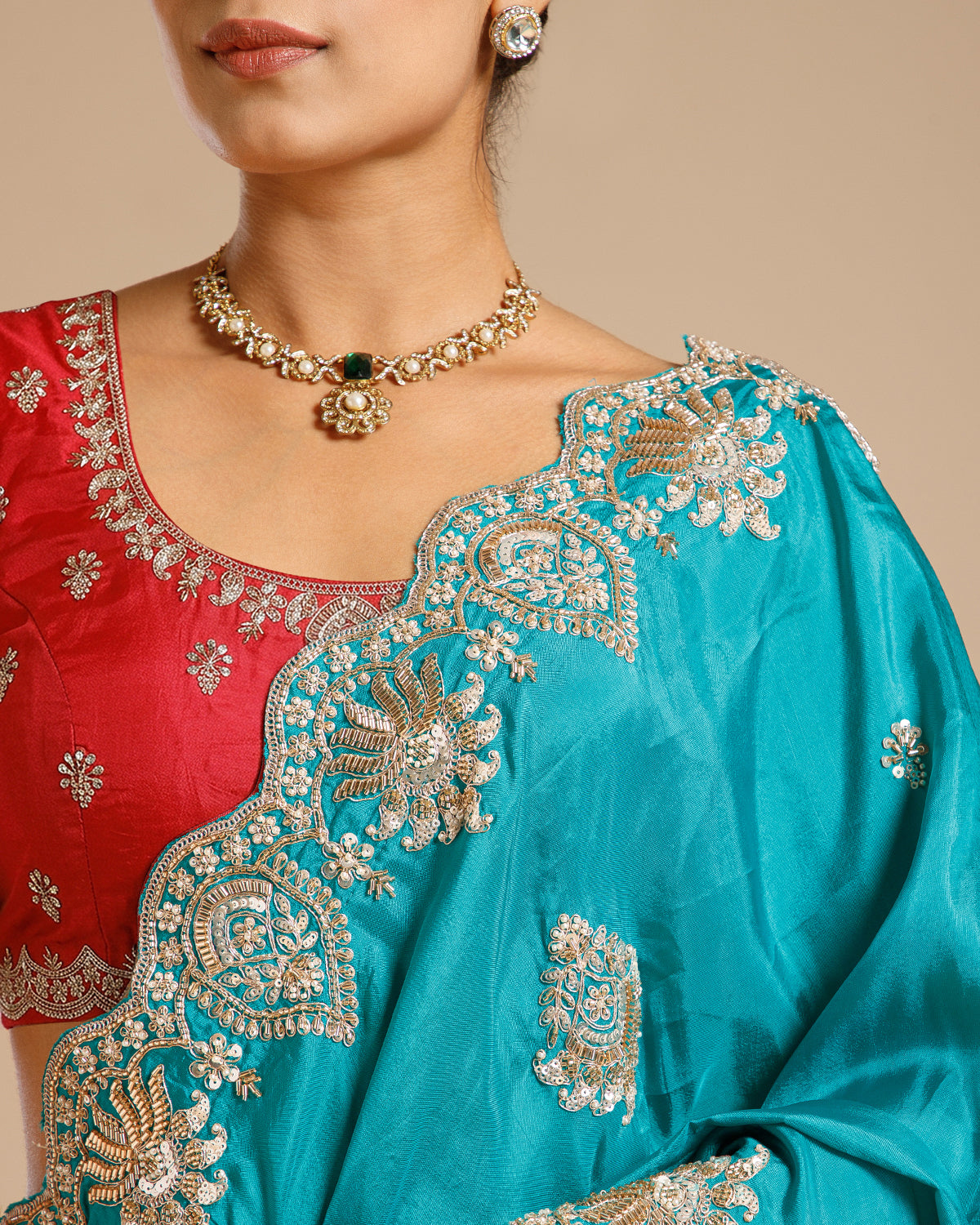 Firozi Dola Silk Saree with Nulki, Pearl, Sequin & Dabka Work
