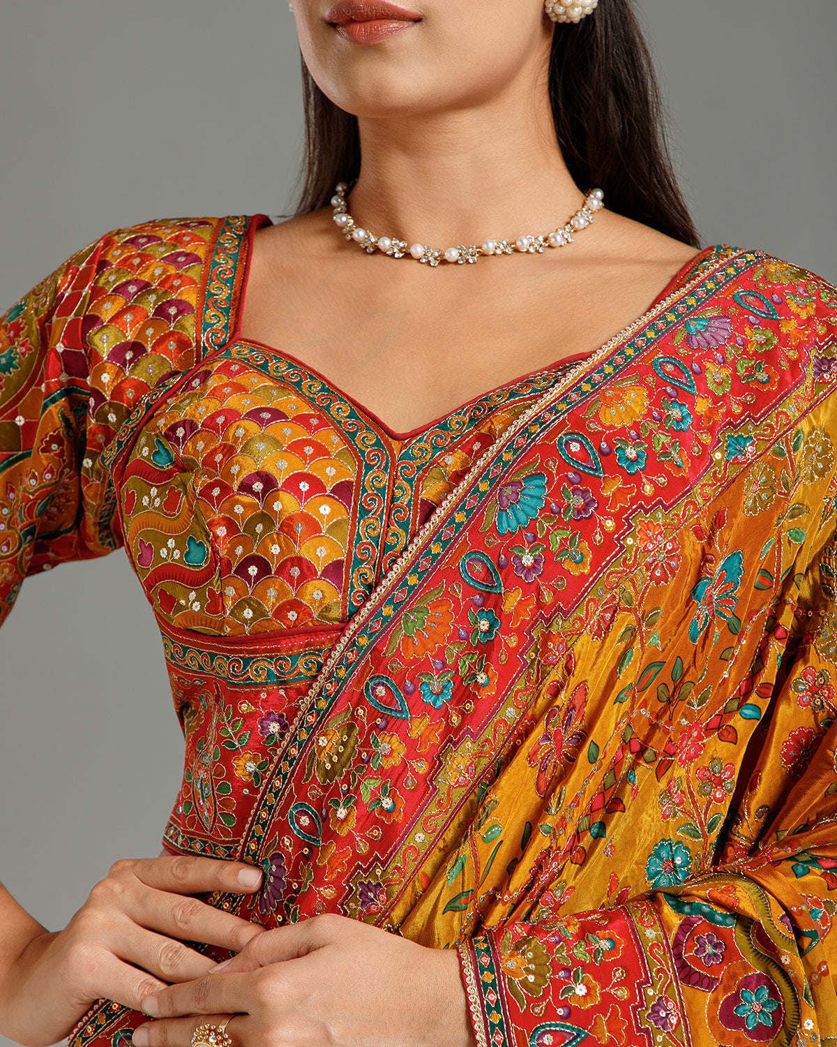 Multi Yellow Crape Silk Saree with Zari & Sequin Work
