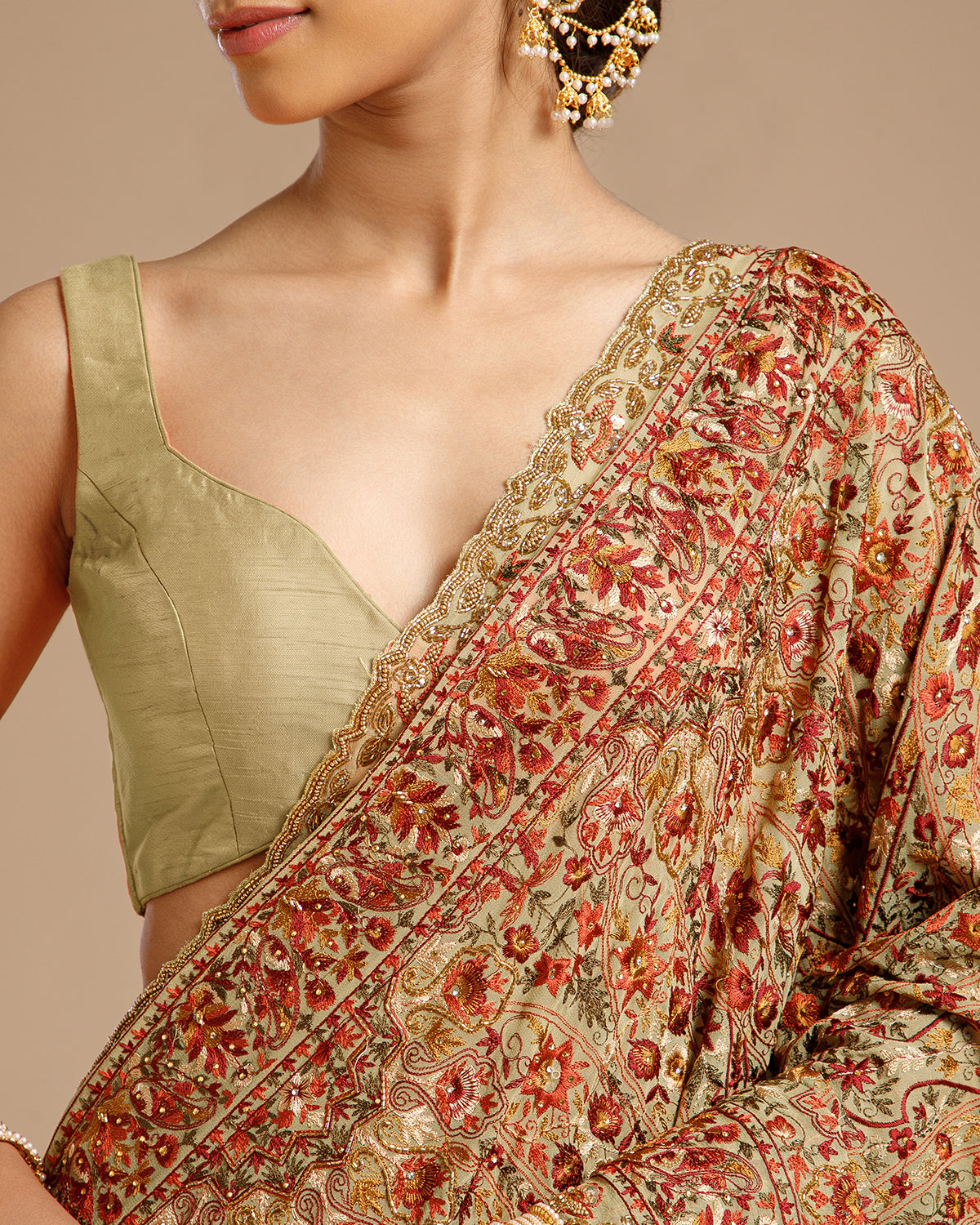 Pista Green Georgette Saree with Resham, Zari, Beads & Cutdana Work