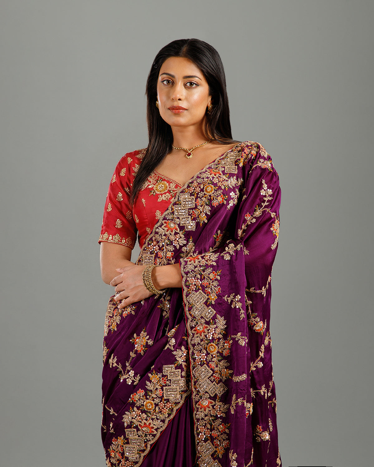 Golden Georgette Saree with Resham, Sequence & Cutdana Work - House of Surya