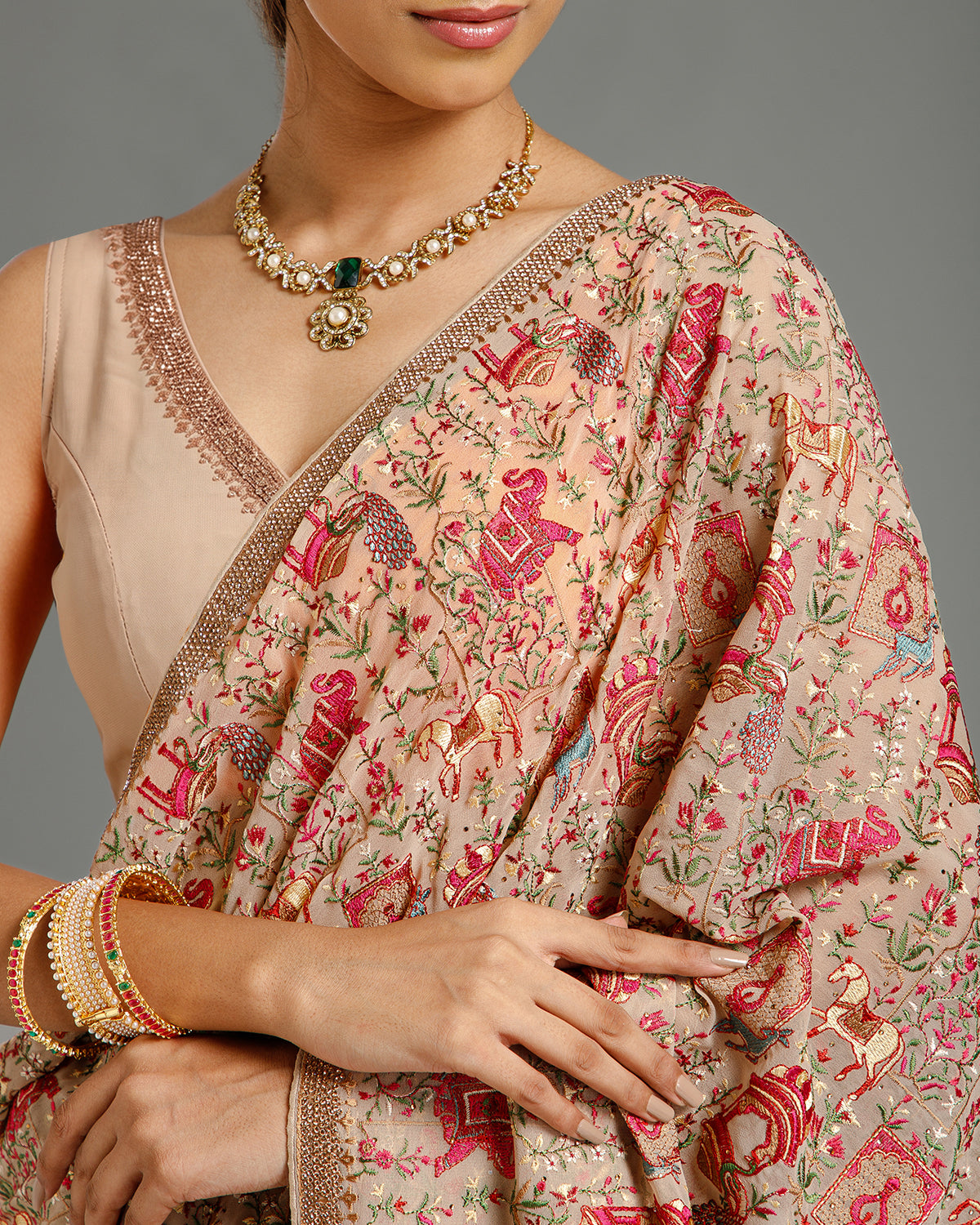 Beige Georgette Saree with Resham & Stone Work
