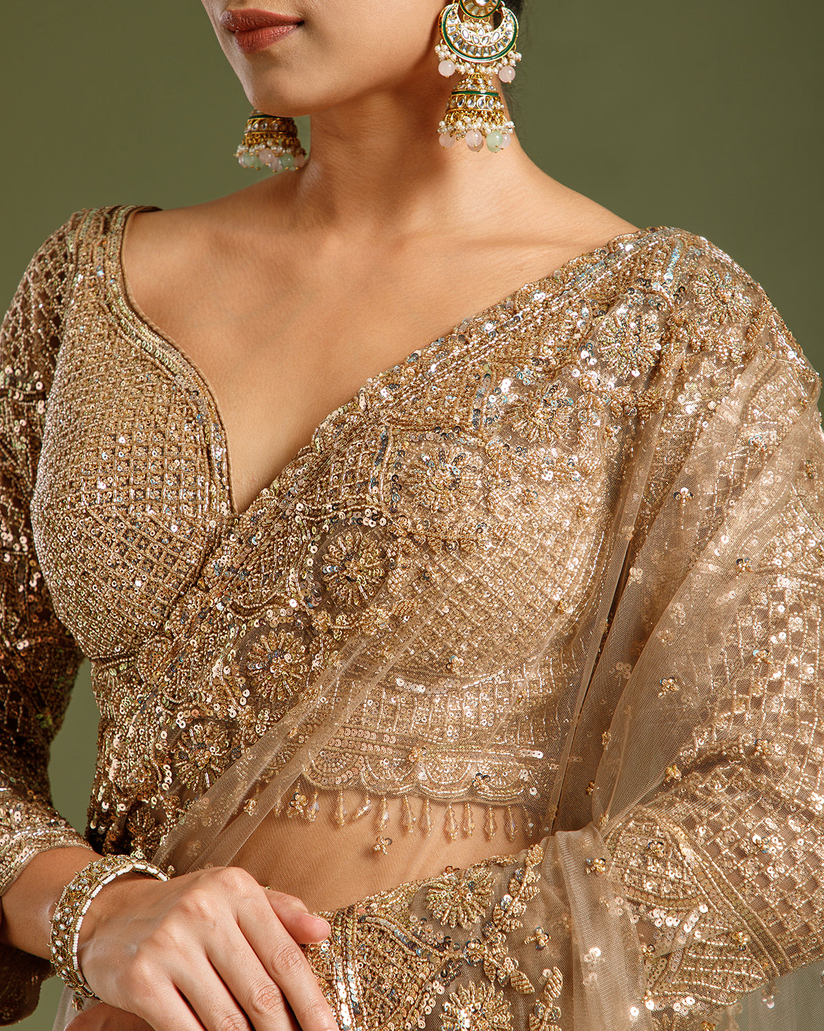 Dusty Brown Net Saree with Beads, Nulki & Sequin Work