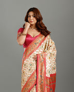 White Satin Silk Saree with Resham Meenakari Work - House of Surya