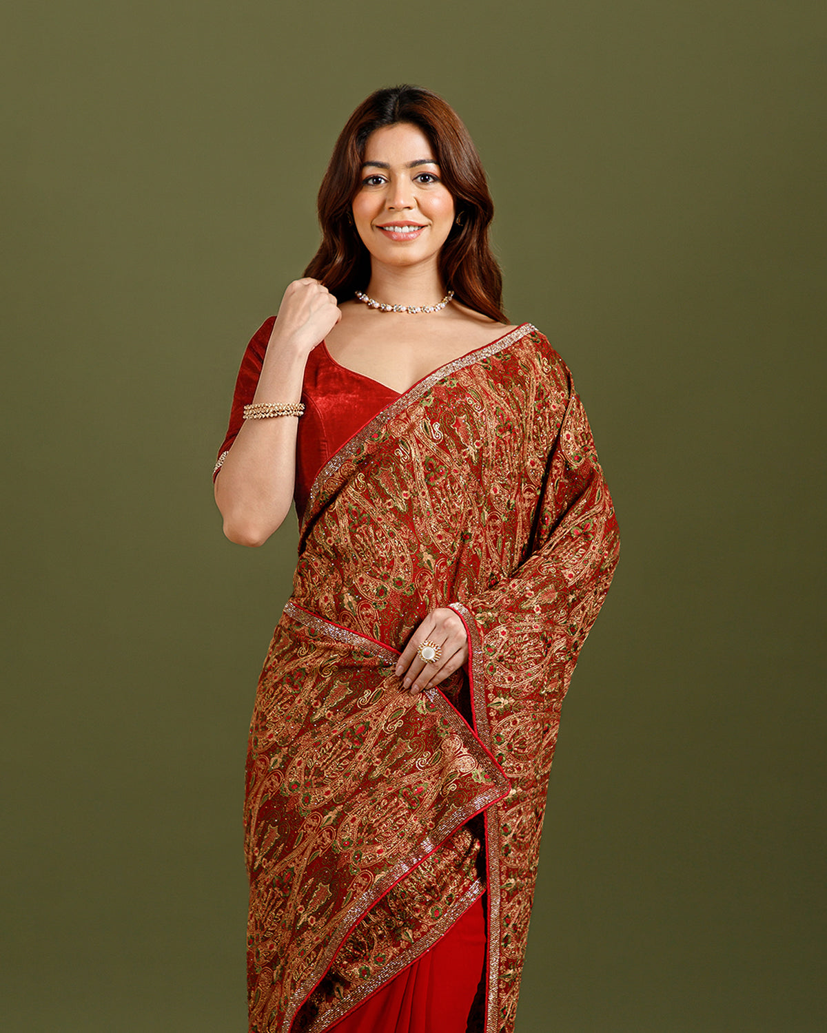 Rust Georgette Saree with Kashmiri Resham & Cutdana Work - House of Surya
