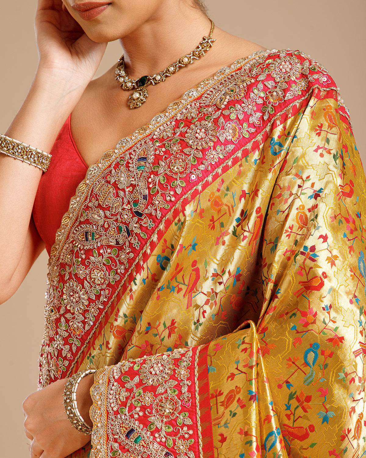 Mustard Gold Silk Saree with Resham, Pearl & Nulki Work