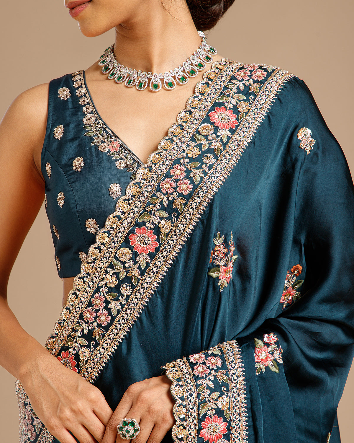 Peacock Blue Satin Organza Saree with Dabka, Sequin, Resham & Zari Work