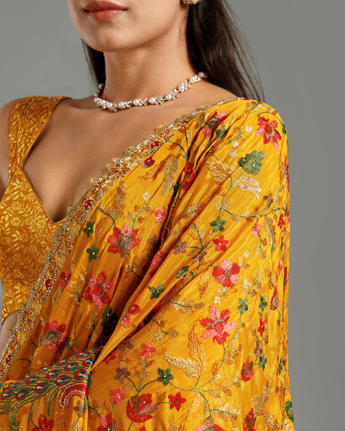 Yellow Chinon Crepe Saree with Resham, Zari, Cutdana & Sequin Work
