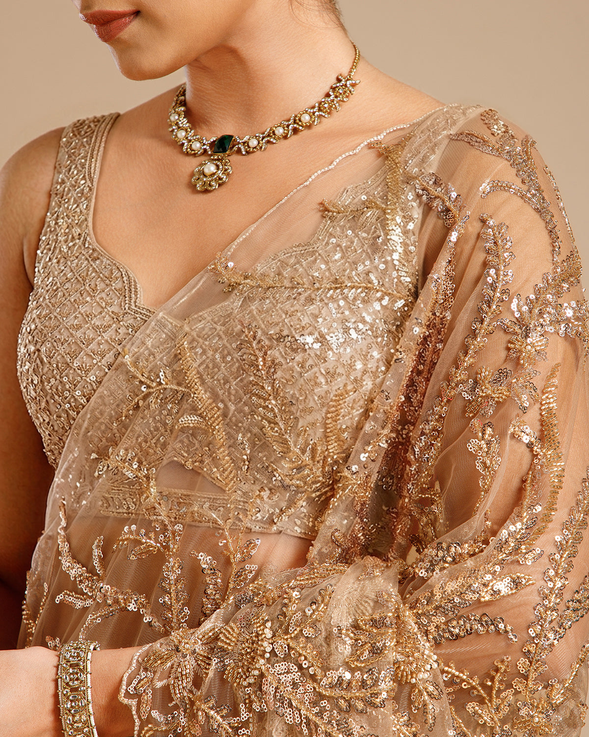 Rose Gold Net Saree with Nulki, Sequin & Moti Work