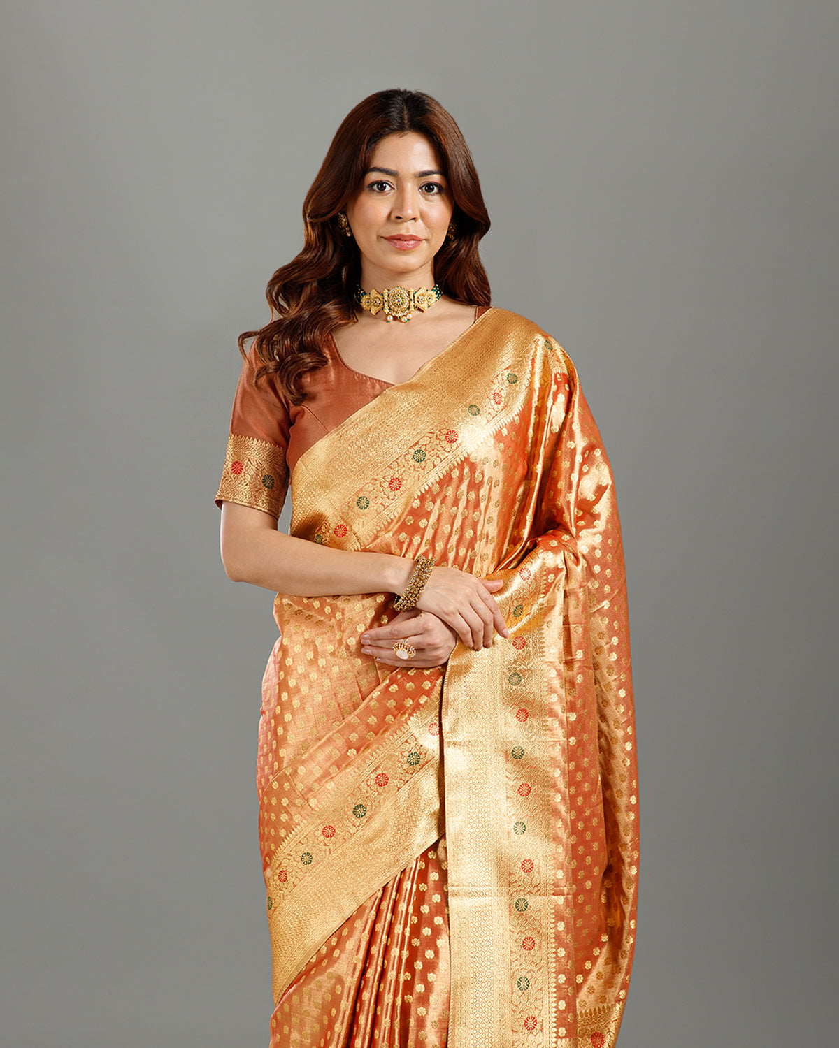 Graceful Rust Tissue Silk Saree with Self Weaving Design