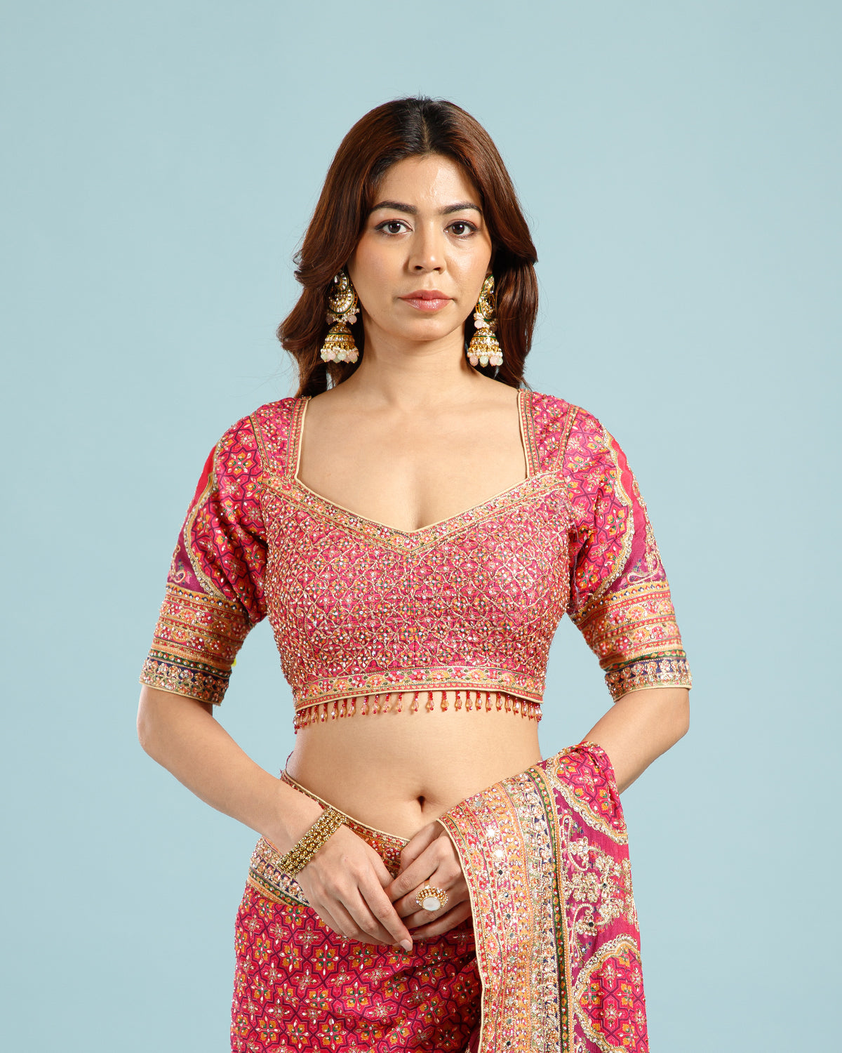 Wine Printed Crepe Silk Saree with Sequence, Cutdana & Aari Work