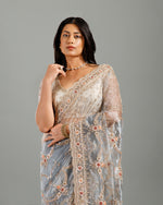  Grey Tissue Organza Saree,Organza Saree with Elegant Beads Work - House of Surya