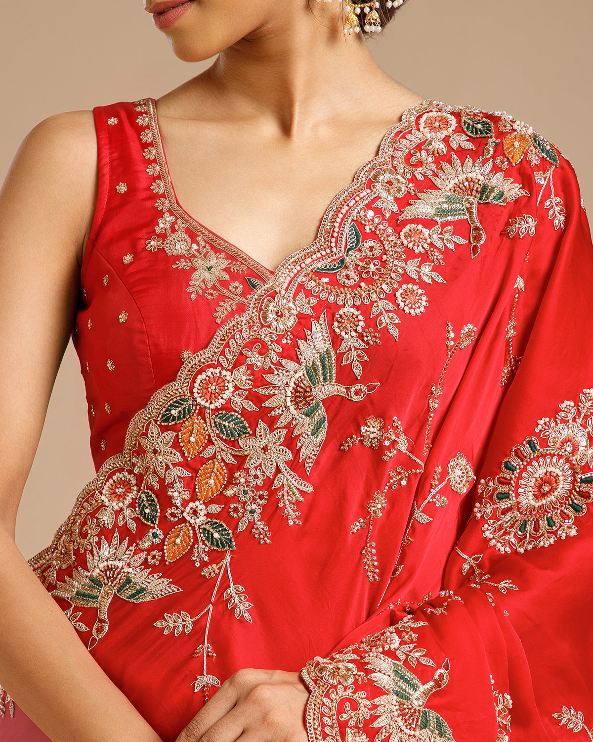 Rani Satin Organza Saree with Beads, Nulki, Sequin, Moti, Resham & Zari Work