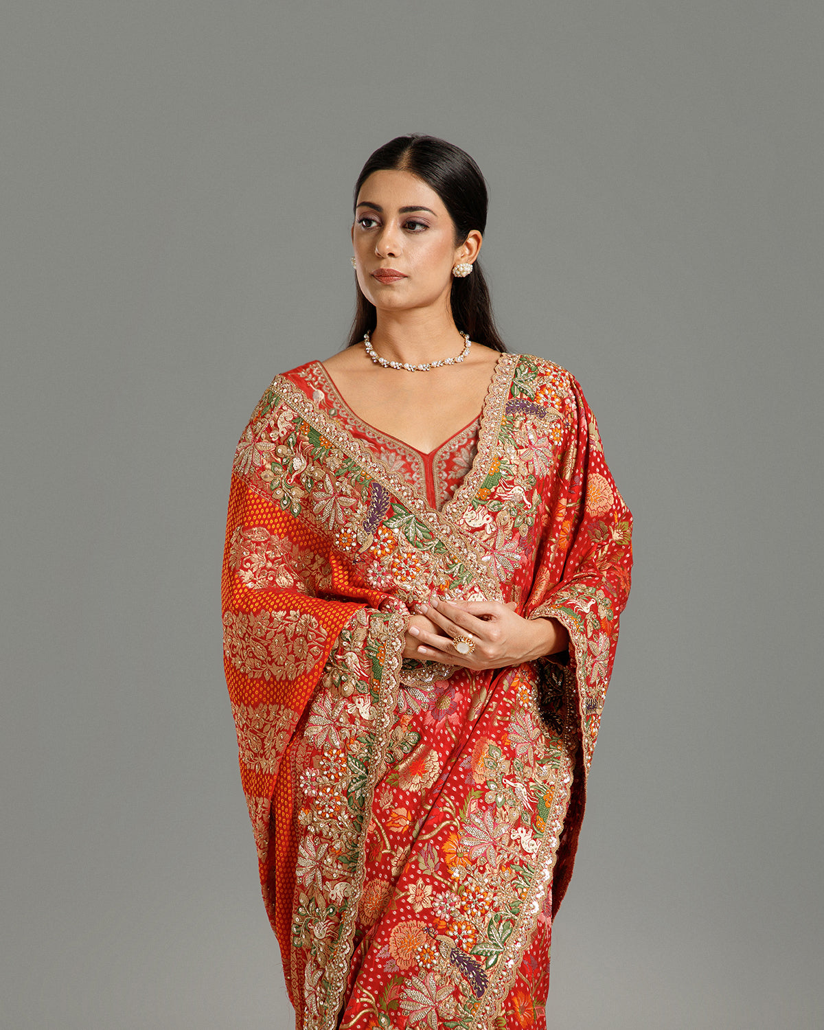 Rani Georgette Saree with Resham, Zari, Sequin, Moti & Cutdana Work